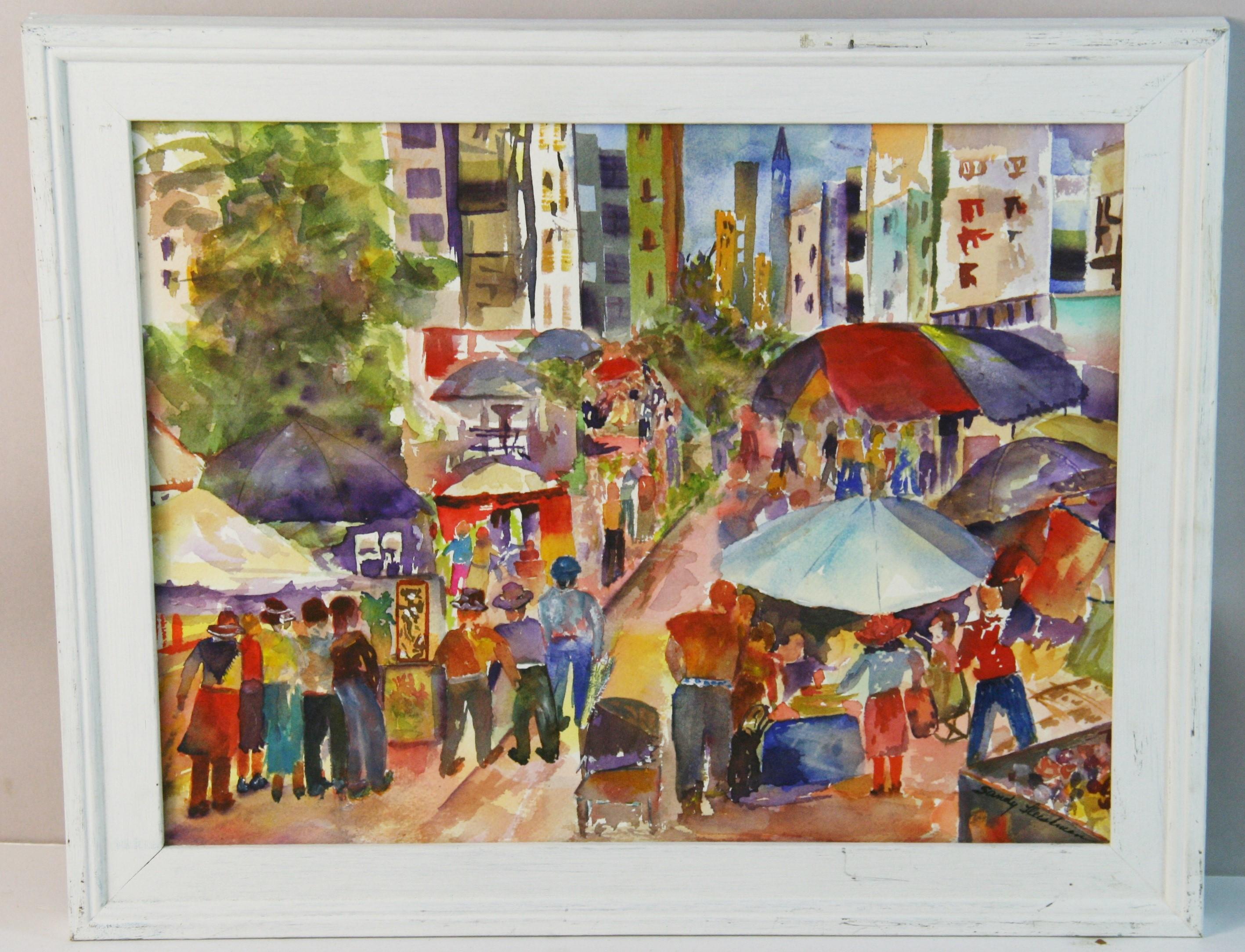 NYC Street Fair Colorful Figurative Acrylic Painting 1970's