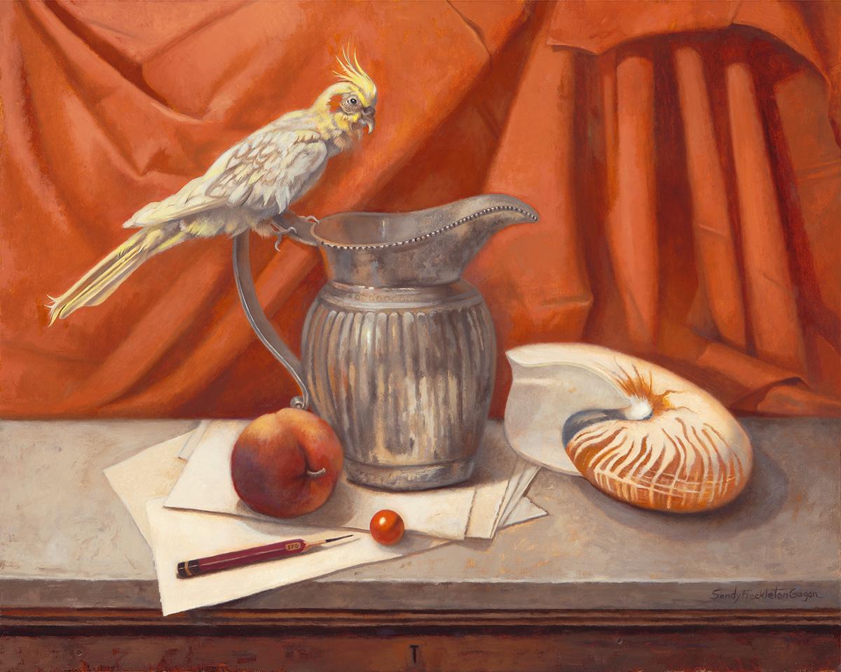 Sandy Freckleton Gagon Still-Life Painting – Stillleben mit Cockatiel und Nautilus 