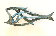 "Big Fish" Abstract bronze wall sculpture of a fish with teal patina