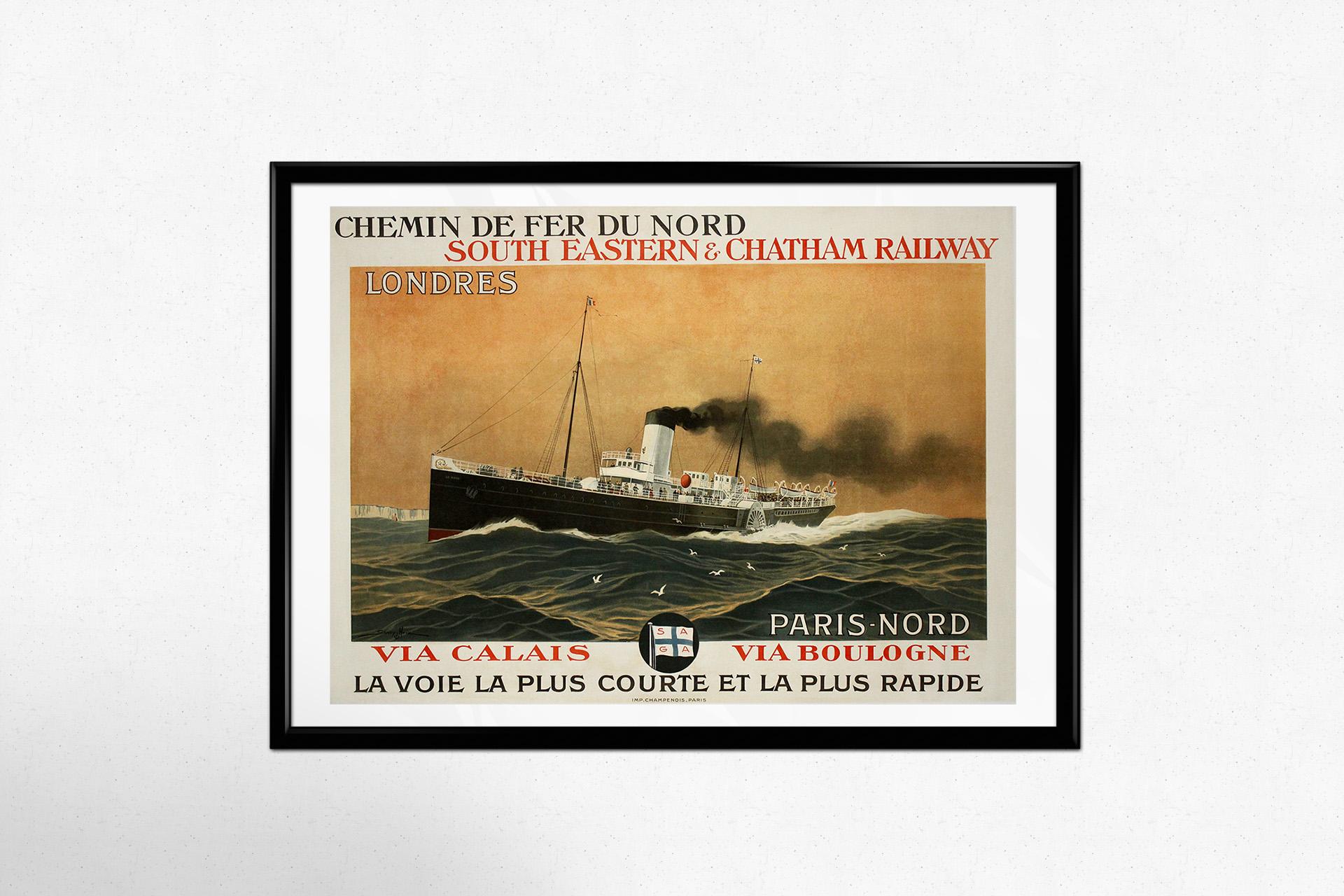 Dieses auffällige Reiseplakat von Sandy Hook aus dem Jahr 1920 wurde von der Chemin de fer du Nord und der South Eastern & Chatham Railway gemeinsam in Auftrag gegeben, um für ihre Kanalüberquerungsdienste zwischen London und Paris zu werben. Die