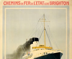 Affiche vintage d'origine Paris London Ferry Ship Brighton Railway Dieppe Newhaven