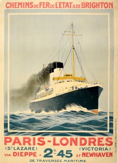 Affiche vintage d'origine Paris London Ferry Ship Brighton Railway Dieppe Newhaven