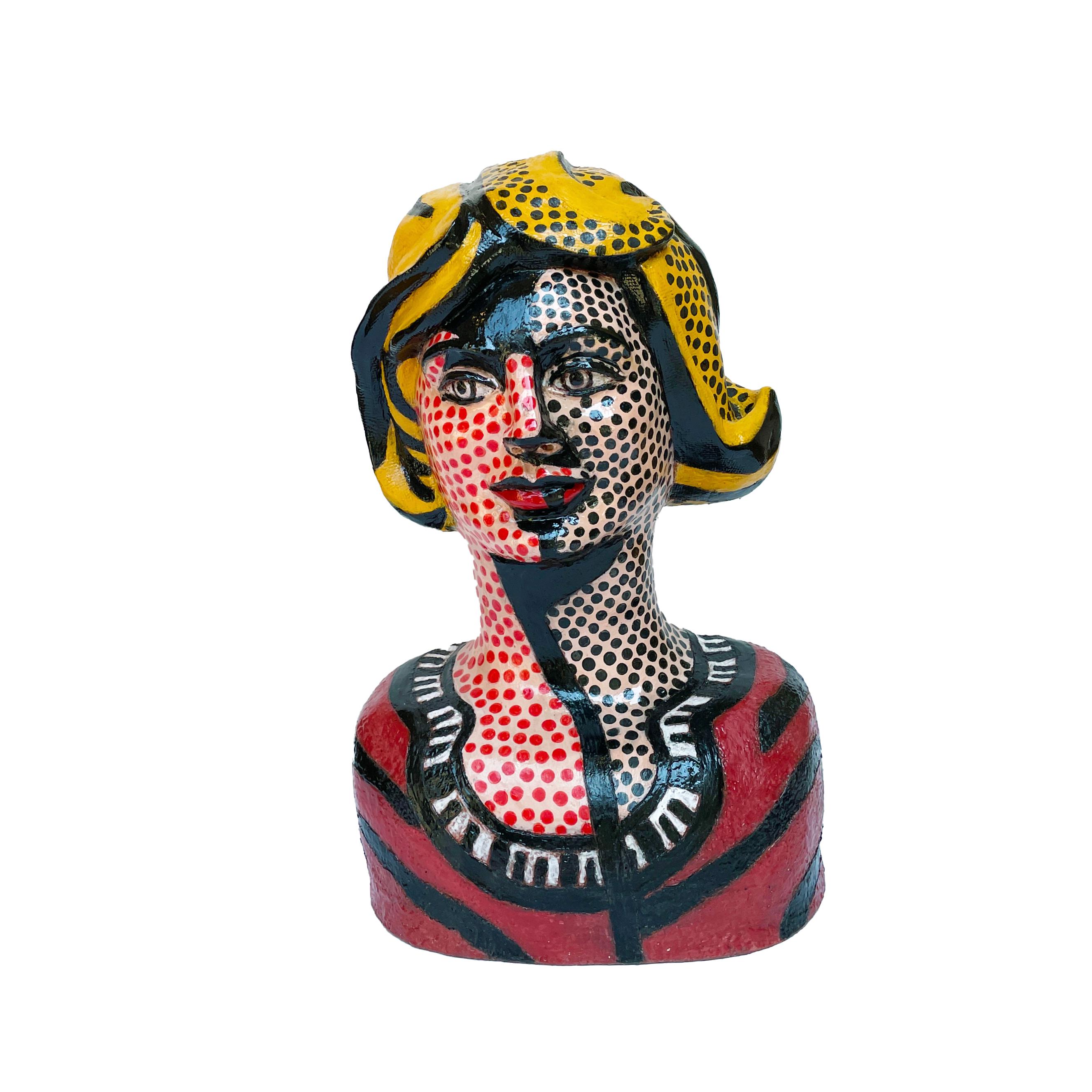 Lichtenstein's Blonde Woman -Pop Art Ode to Roy Lichtenstein in Handmade Ceramic - Sculpture by Sandy Kaplan