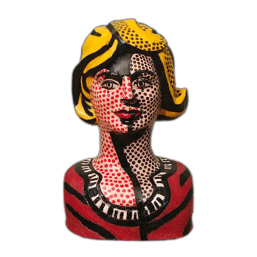 Sandy Kaplan Figurative Sculpture - Lichtenstein's Blonde Woman -Pop Art Ode to Roy Lichtenstein in Handmade Ceramic