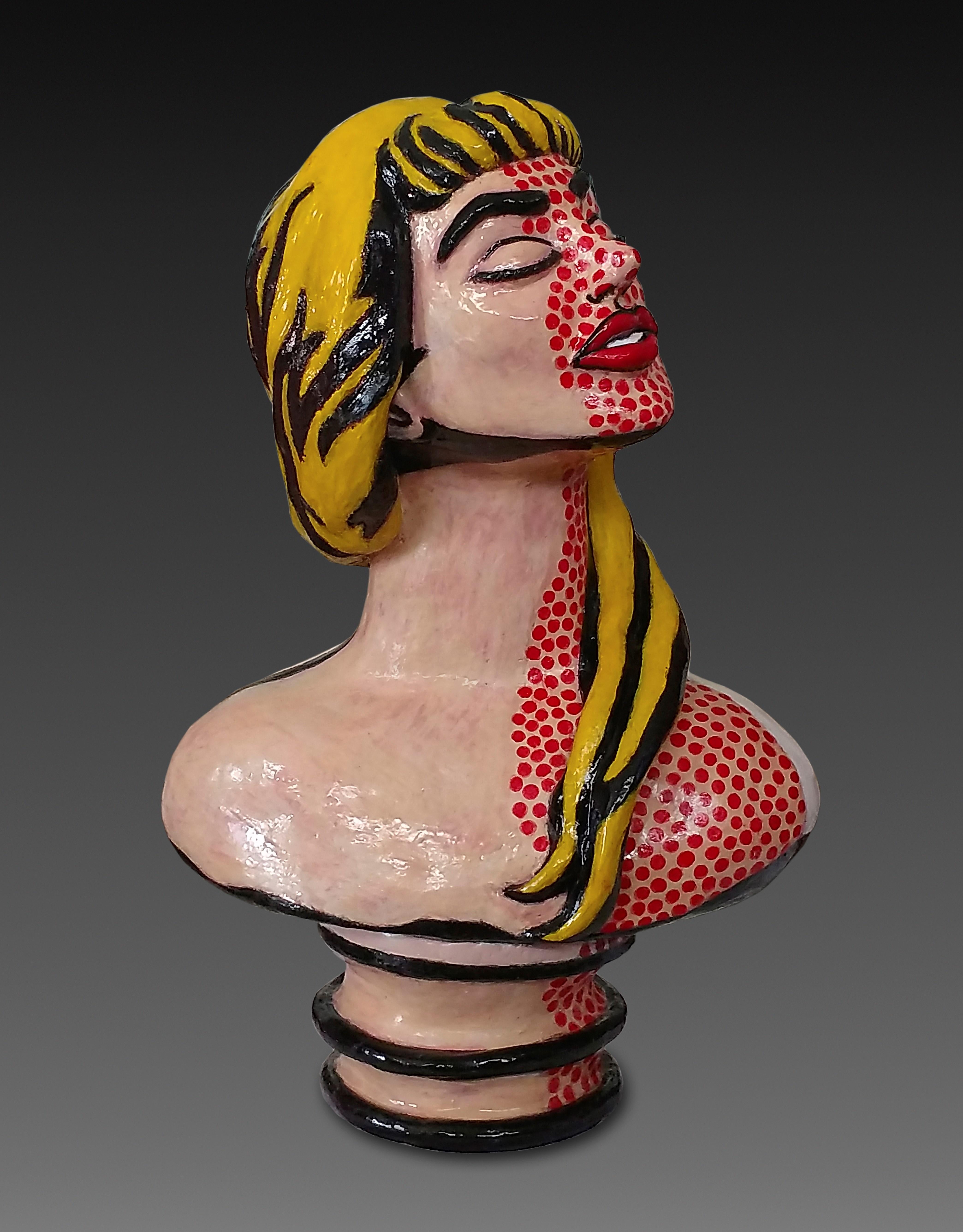 Lichtenstein's Woman: Sunlight - Hand Built Ceramic Bust After Roy Lichtenstein  - Sculpture by Sandy Kaplan