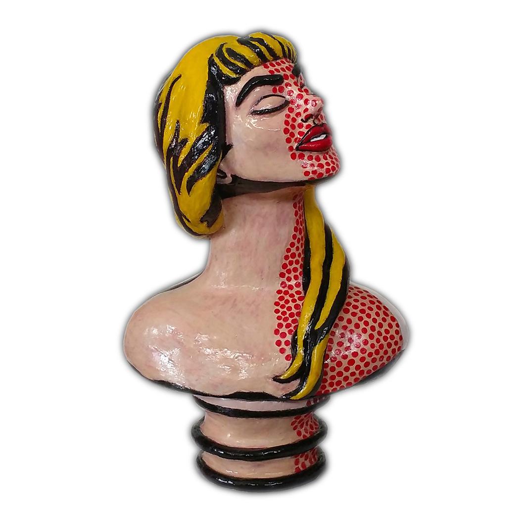 Sandy Kaplan Figurative Sculpture - Lichtenstein's Woman: Sunlight - Hand Built Ceramic Bust After Roy Lichtenstein 
