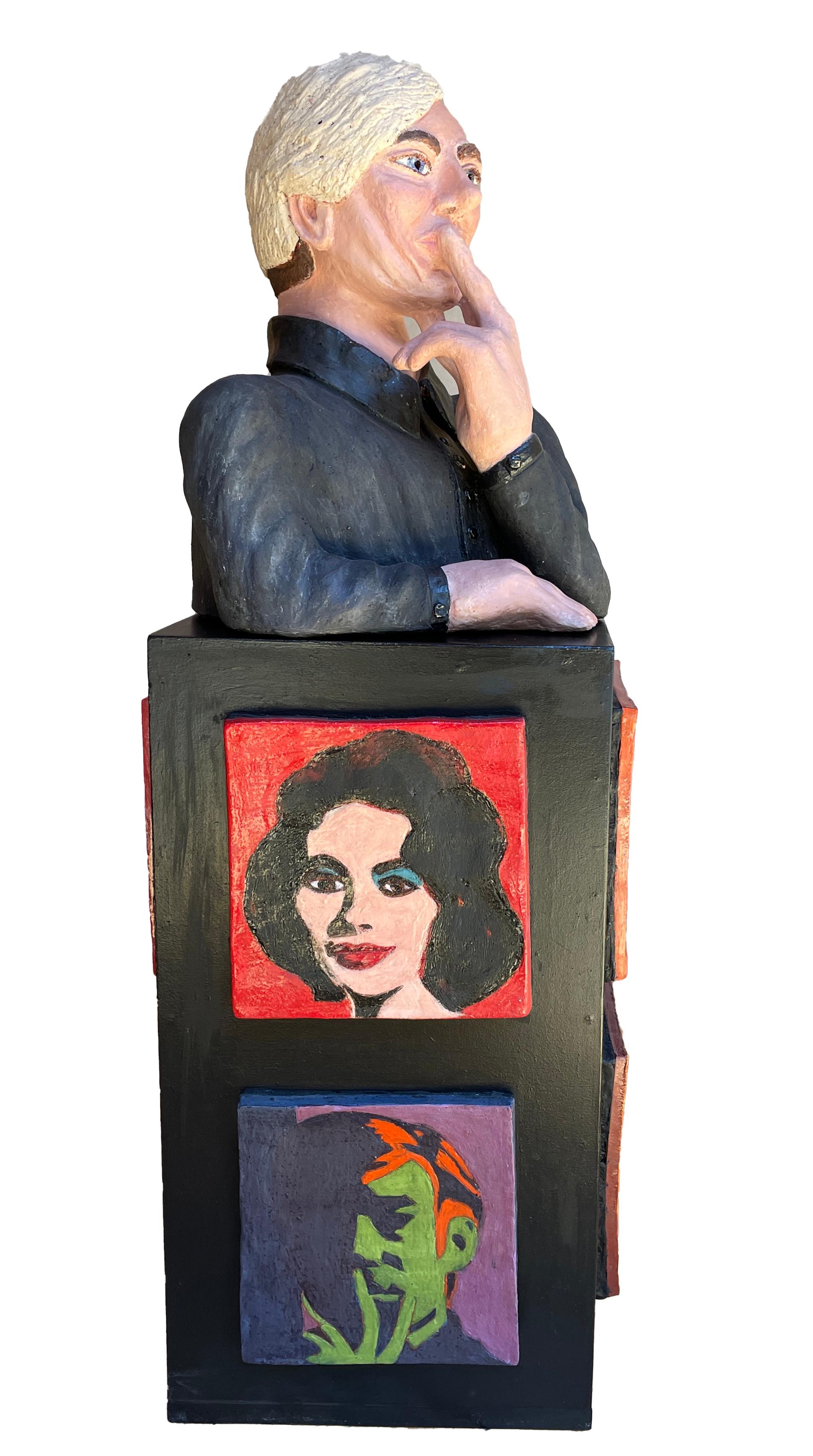 Warhol's Beauties - Andy Atop Portraits of Taylor, Garland, Monroe, and Kennedy - Sculpture by Sandy Kaplan