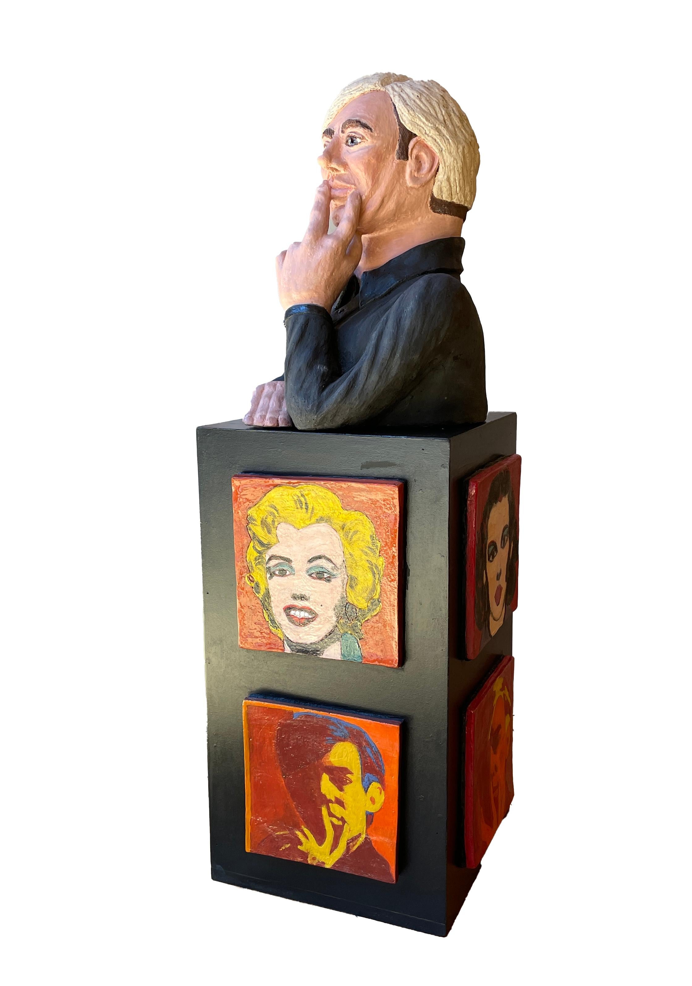 Warhol's Beauties - Andy Atop Portraits of Taylor, Garland, Monroe, and Kennedy - Contemporary Sculpture by Sandy Kaplan