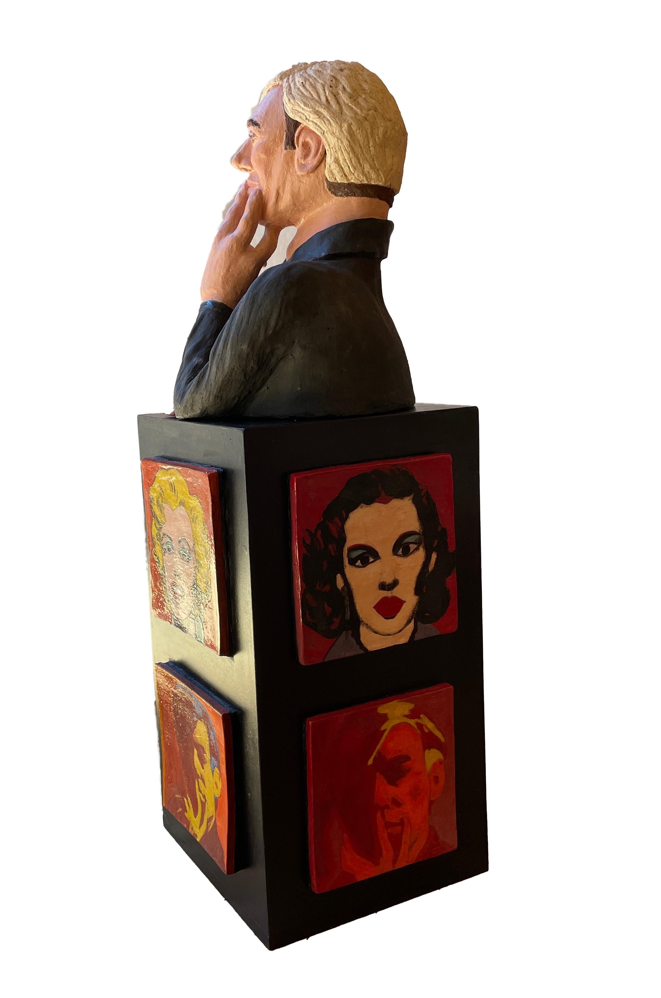 Warhol's Beauties - Andy Atop Portraits of Taylor, Garland, Monroe, and Kennedy - Brown Figurative Sculpture by Sandy Kaplan