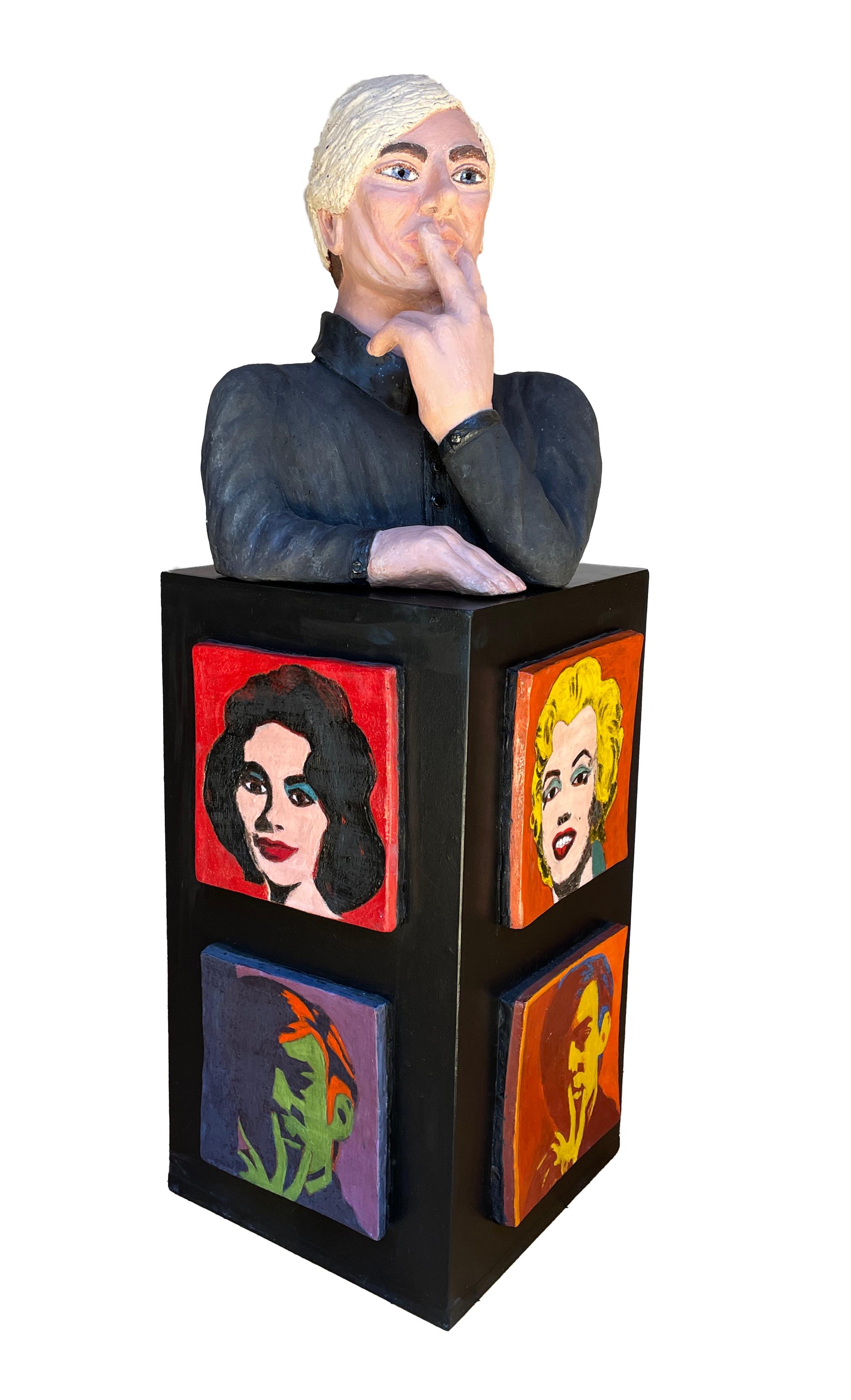 Sandy Kaplan Figurative Sculpture - Warhol's Beauties - Andy Atop Portraits of Taylor, Garland, Monroe, and Kennedy