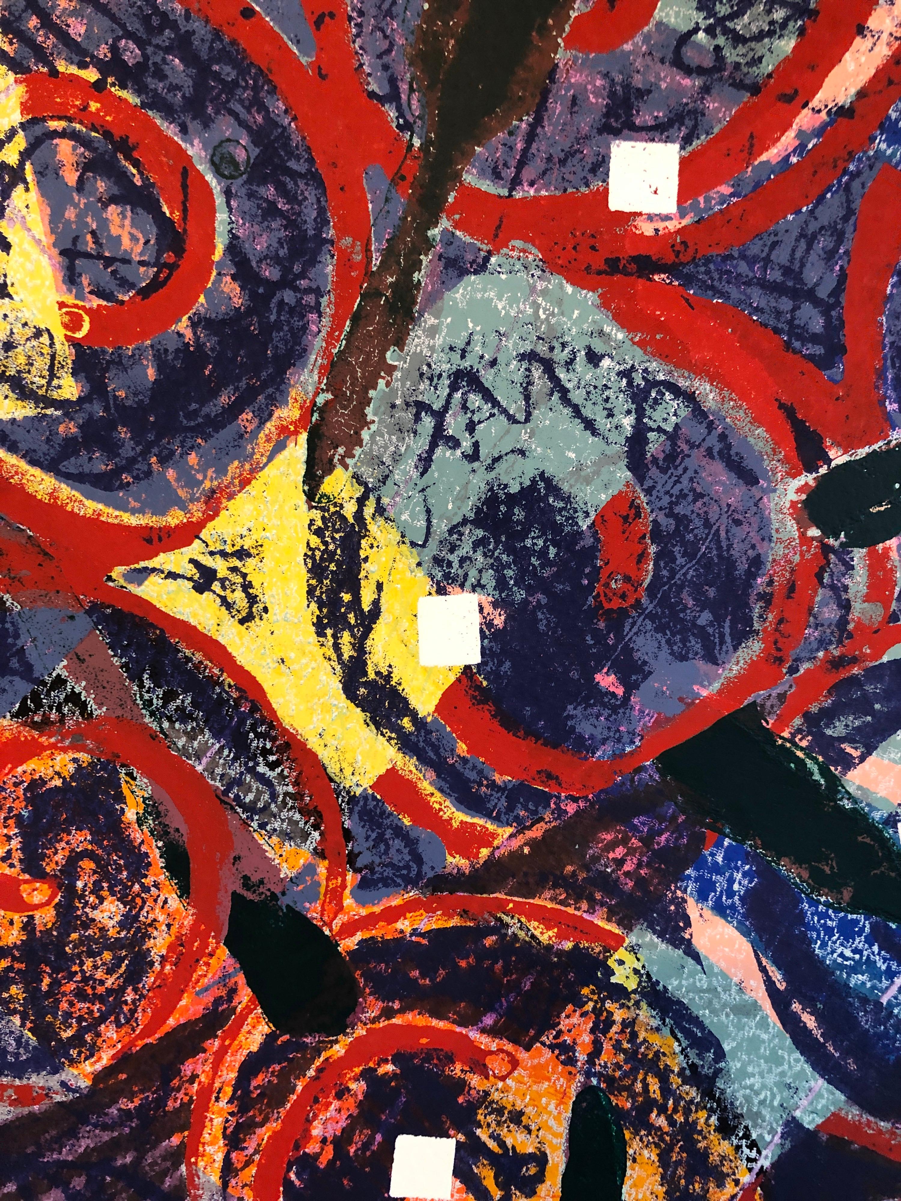 Abstracto Modernista Colorido Arte Mixto Serigrafía sobre Papel Hecho a Mano 6/20 - Abstract Print Beige de Sandy Kinnee