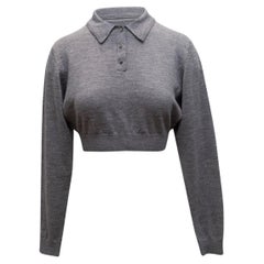 Sandy Liang Grey Cropped Merino Wool Polo Sweater