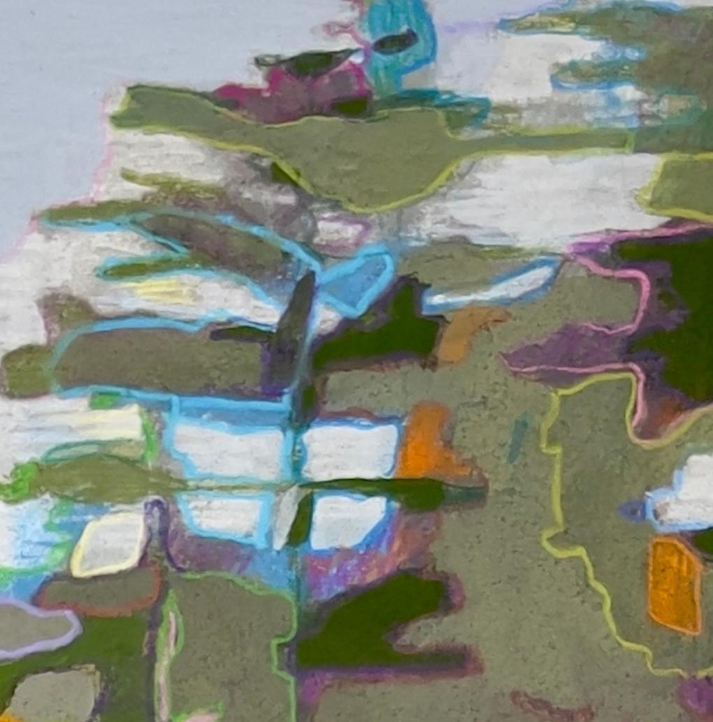 Lingerlin, Contemporary Impressionist Reflective Landscape, 33 x 26 in., framed - Gray Landscape Art by Sandy Litchfield