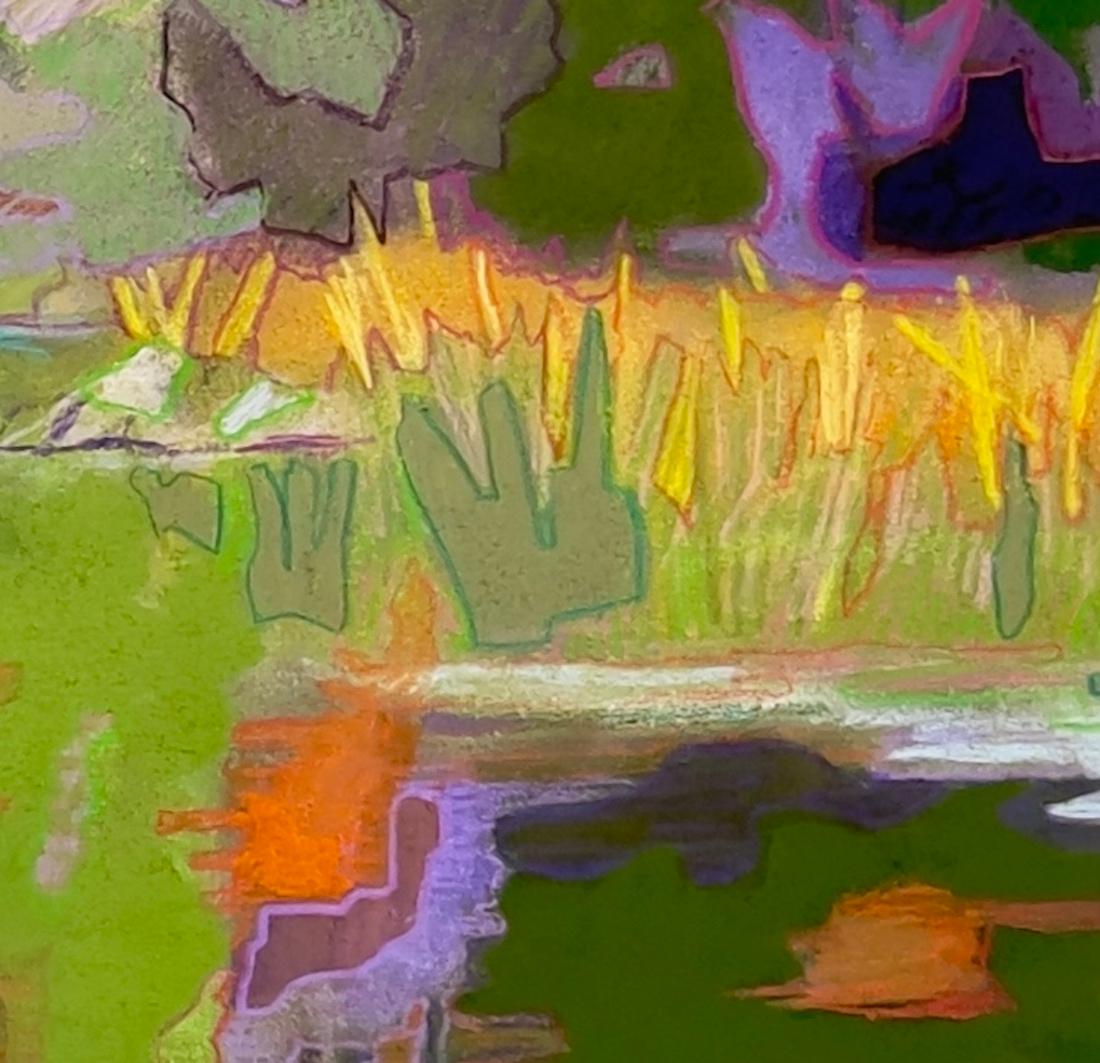 Sandy Litchfield’s “Lingerlin” (mixed media on paper, 30 x 22 in.) reflects her signature practice of transforming landscapes into lyrical, layered compositions. Drawing inspiration from memory, walking, and direct observation, Litchfield merges