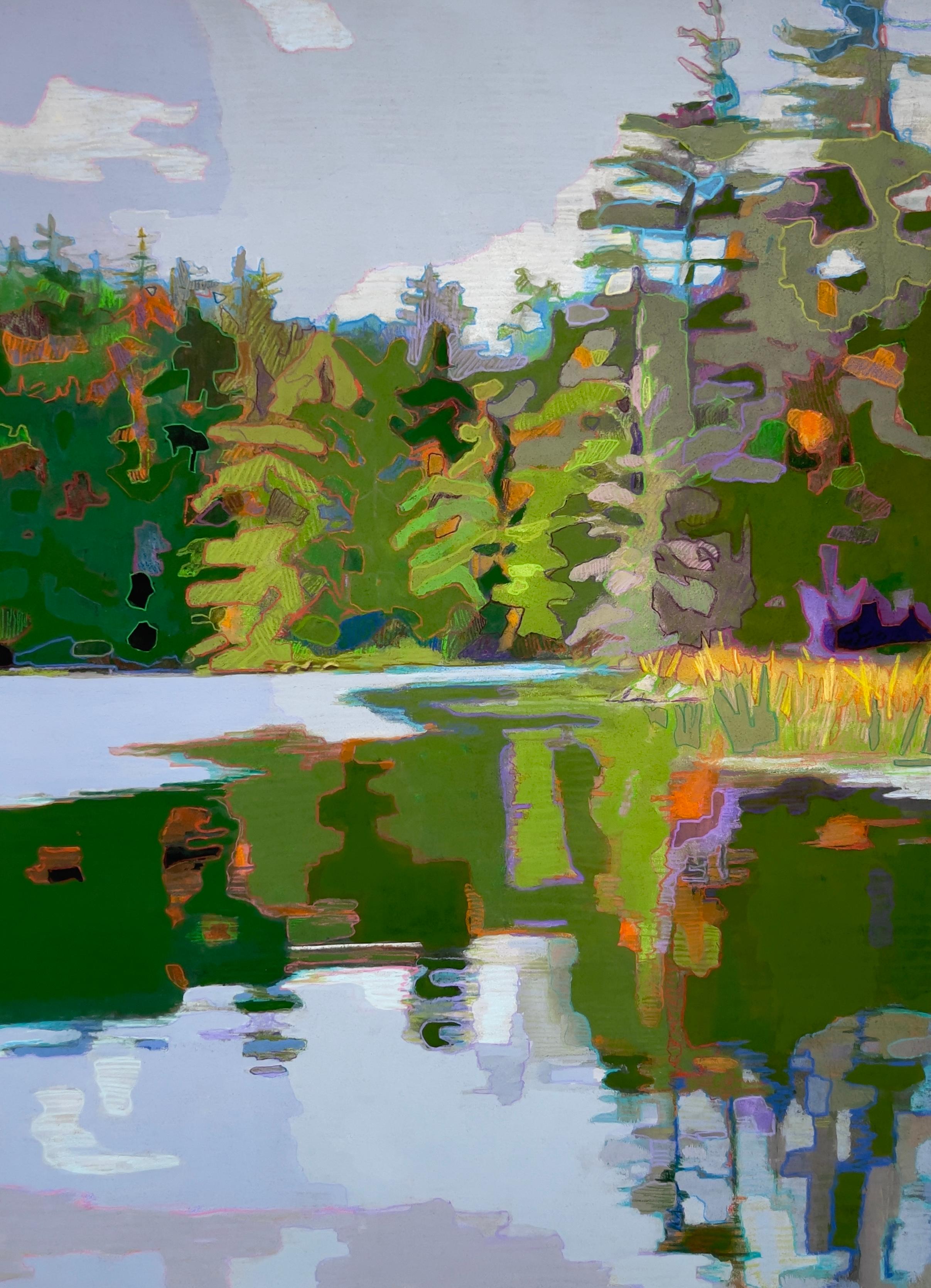 Sandy Litchfield Landscape Art - Lingerlin, Contemporary Impressionist Reflective Landscape, 33 x 26 in., framed