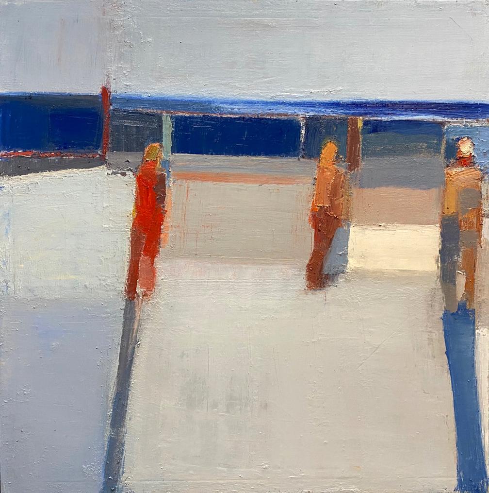 Sandy Ostrau Figurative Painting - Three by the Pier