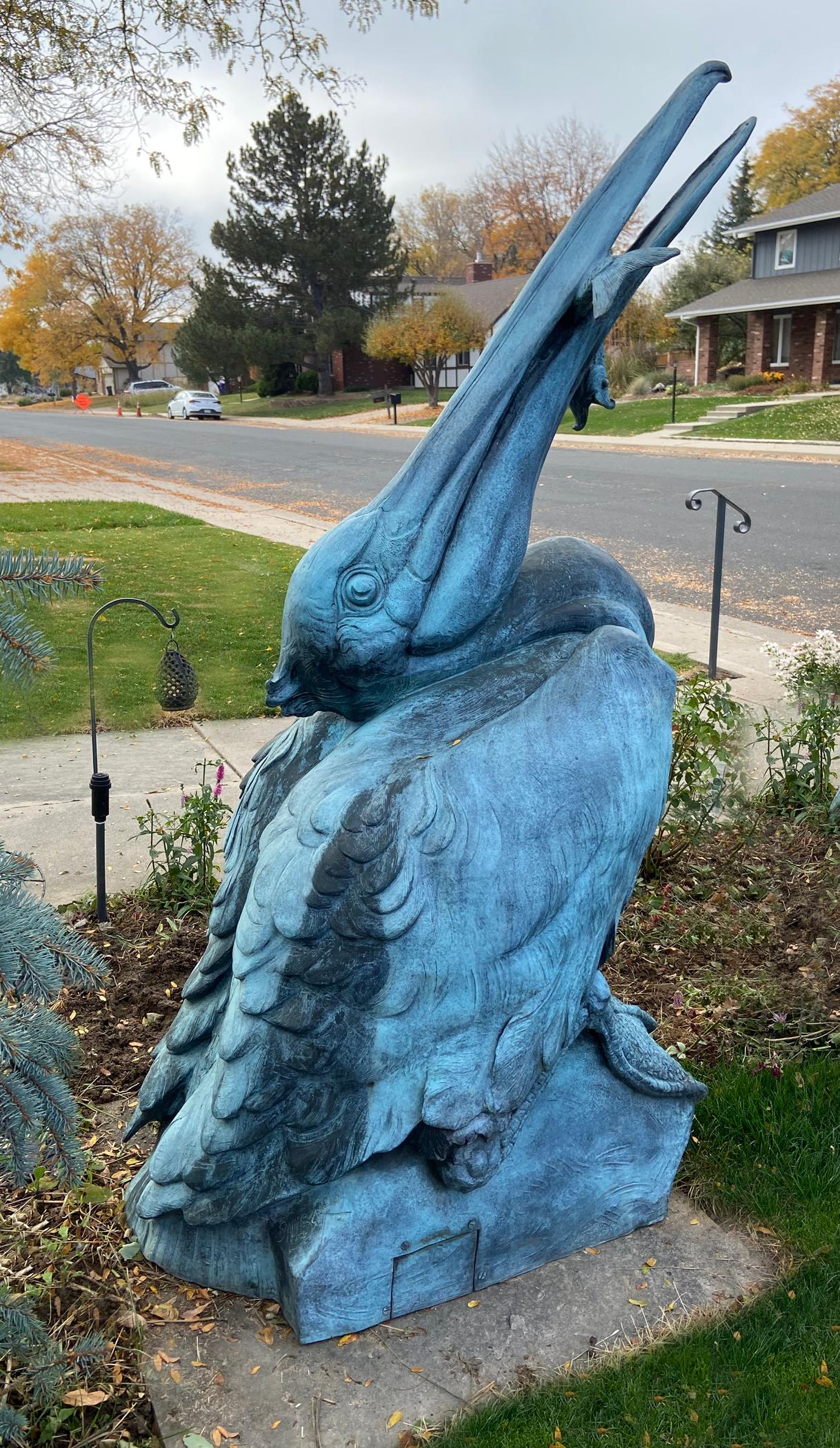 Artful Angler by Sandy Scott
Wildlife Sculpture, Pelican Fountain, blue/green patina
Plumbed as fountain but can also be displayed dry.
76x42x45