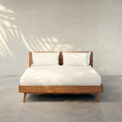 Sandya Bed Handmade in Teak Patterned Headboard Mid Century Style, In Stock