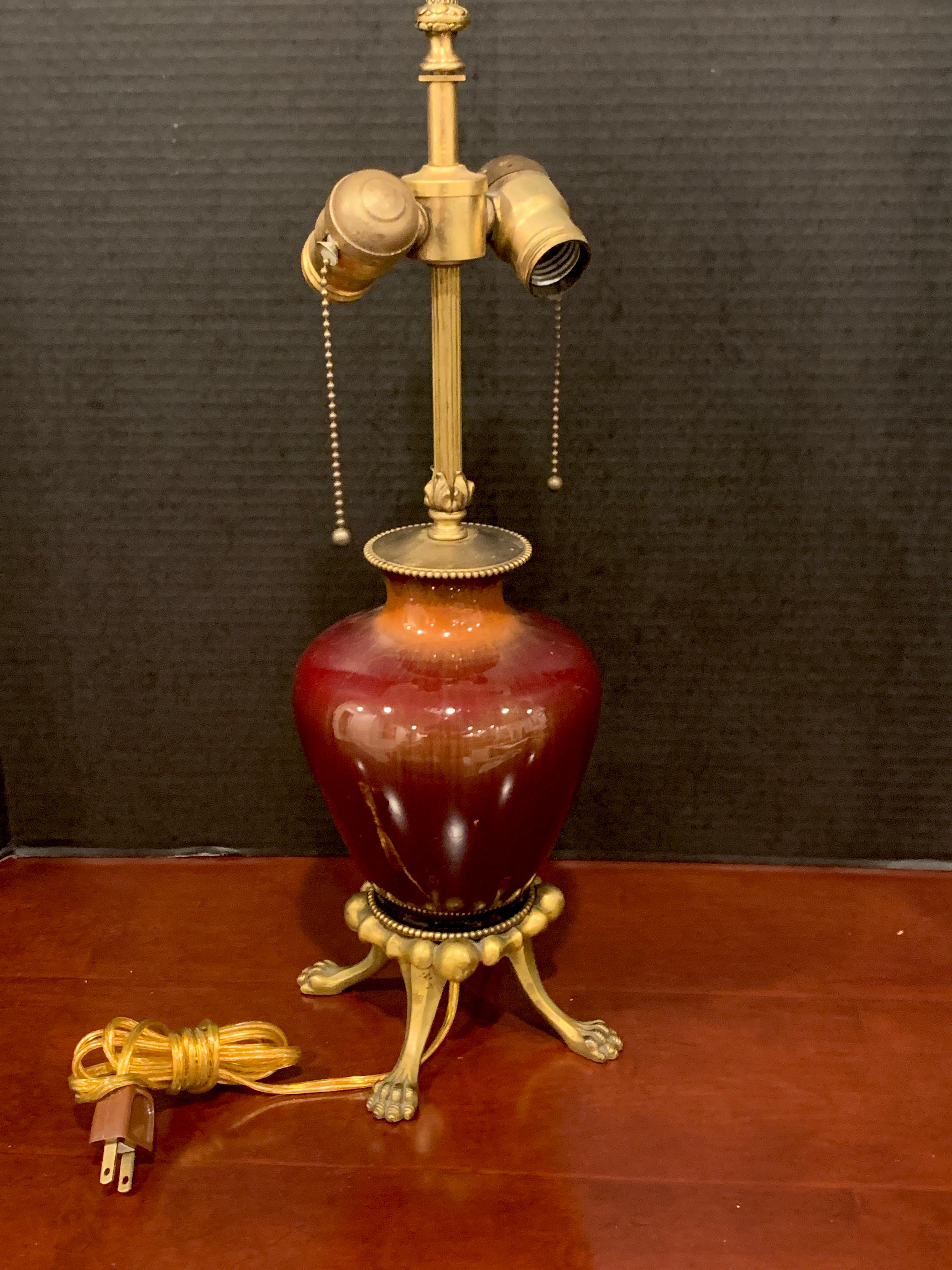 Chinese Export Sang de Boeuf, Ormolu Mounted Vase, by Rookwood 1936, now as a Lamp, Dark Glaze For Sale