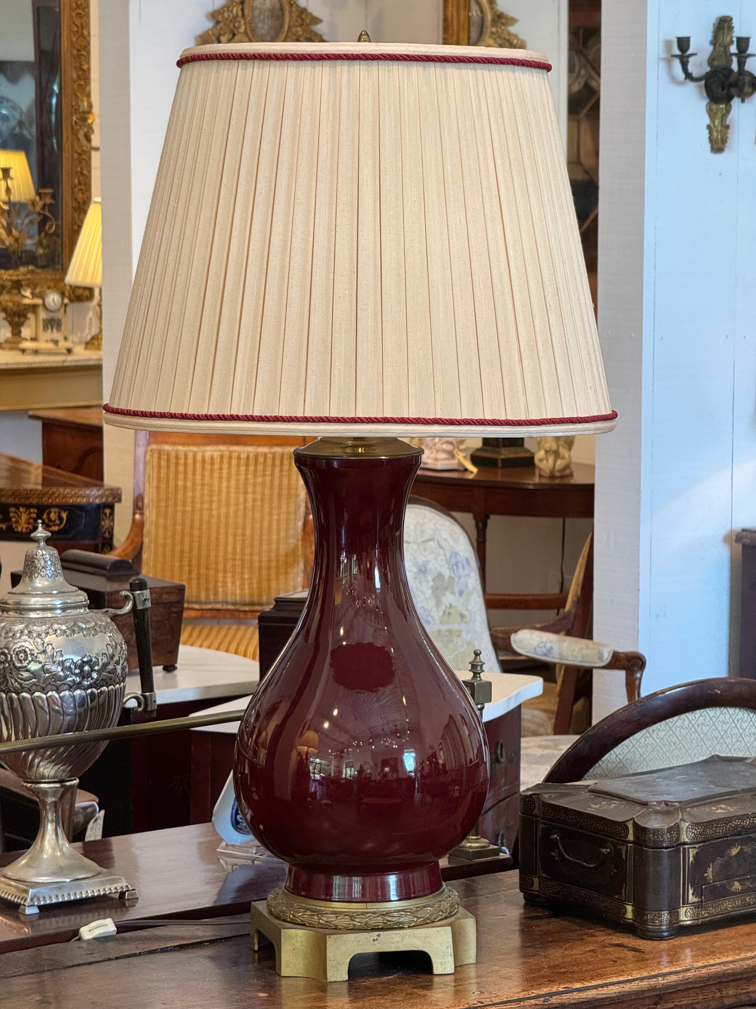 Chinese Sang De Boeuf Glazed Lamp on Brass Base For Sale