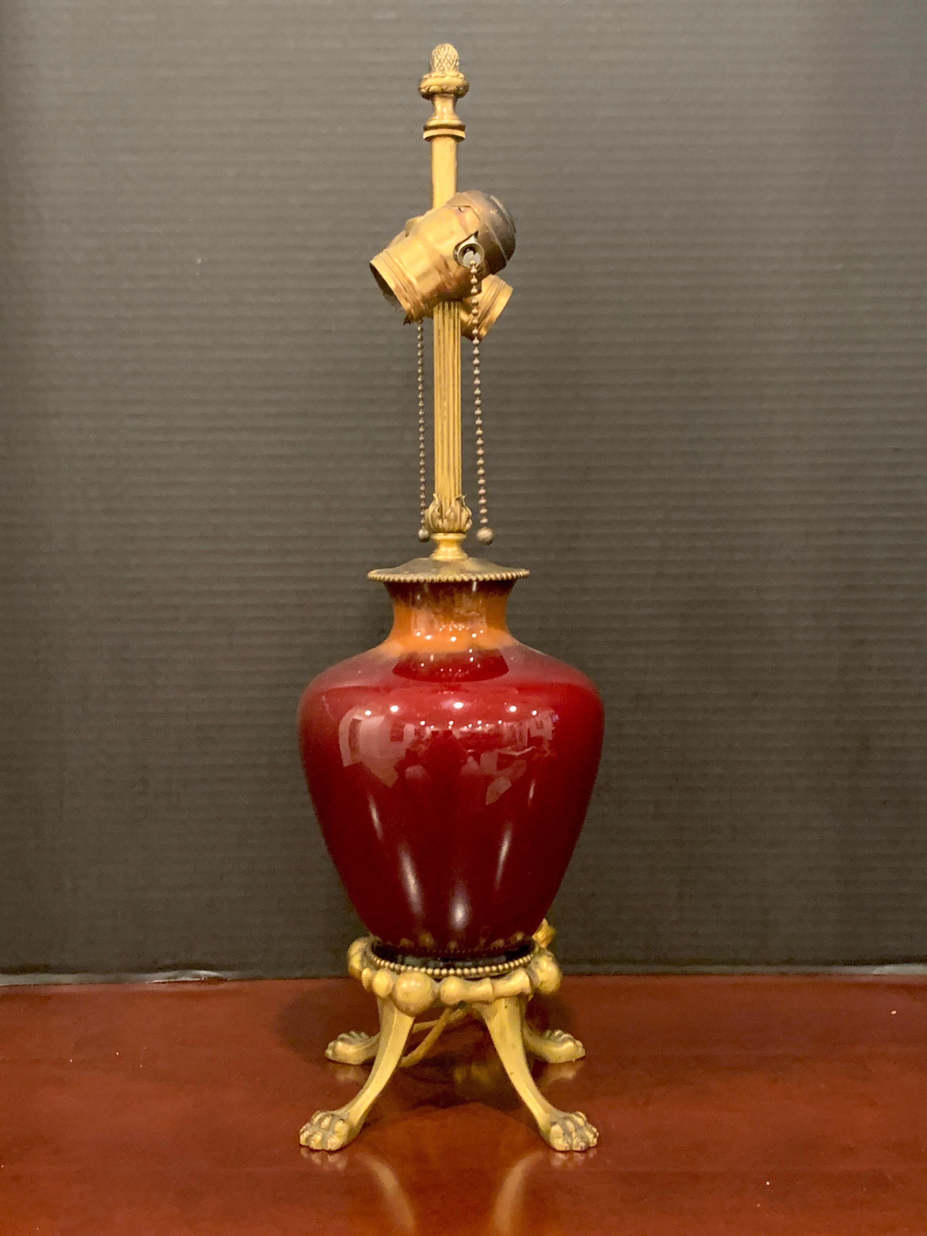 Chinese Export Sang De Boeuf, Ormolu Mounted Vase, by Rookwood 1936, Now as a Lamp, Dark Glaze For Sale