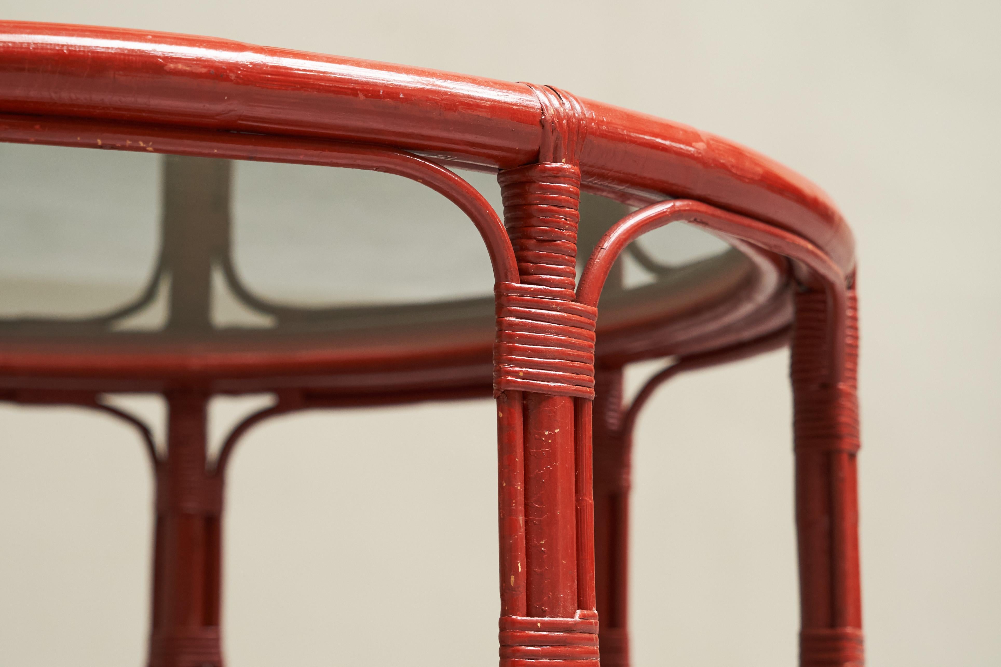Mid-Century Modern 'Sang de Boeuf' Red Lacquered Bamboo and Glass Coffee Table Mid 20th Century For Sale