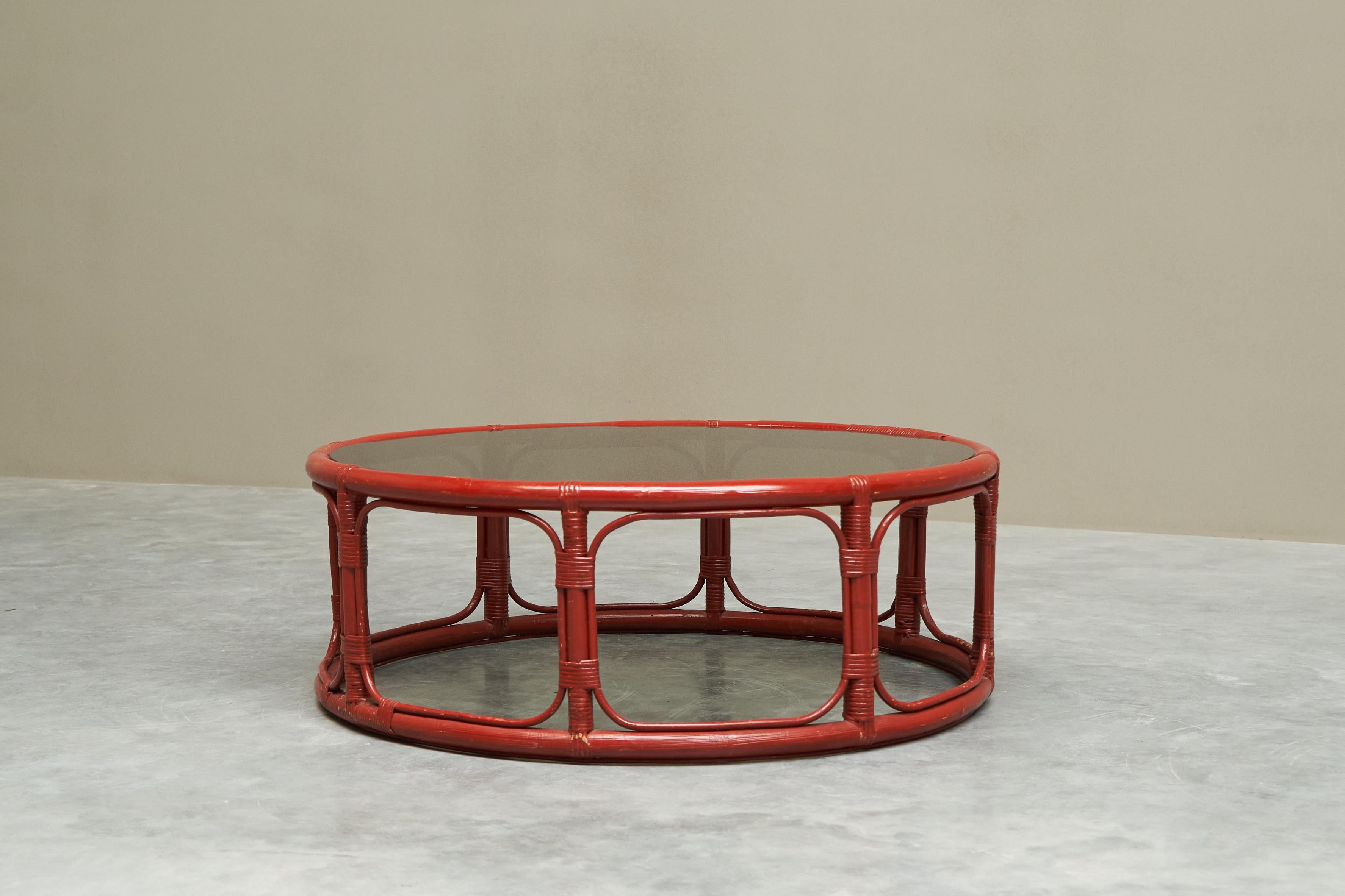 European 'Sang de Boeuf' Red Lacquered Bamboo and Glass Coffee Table Mid 20th Century For Sale