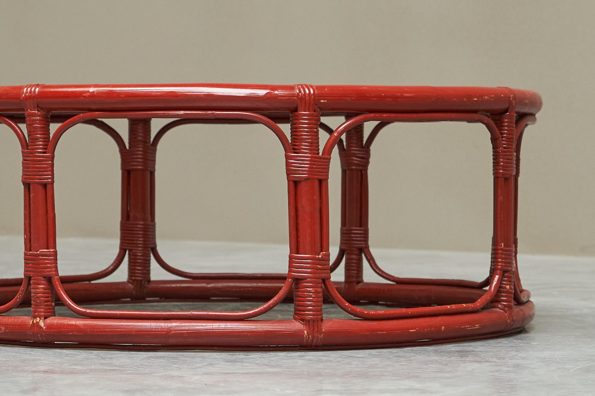 Hand-Crafted 'Sang de Boeuf' Red Lacquered Bamboo and Glass Coffee Table Mid 20th Century For Sale