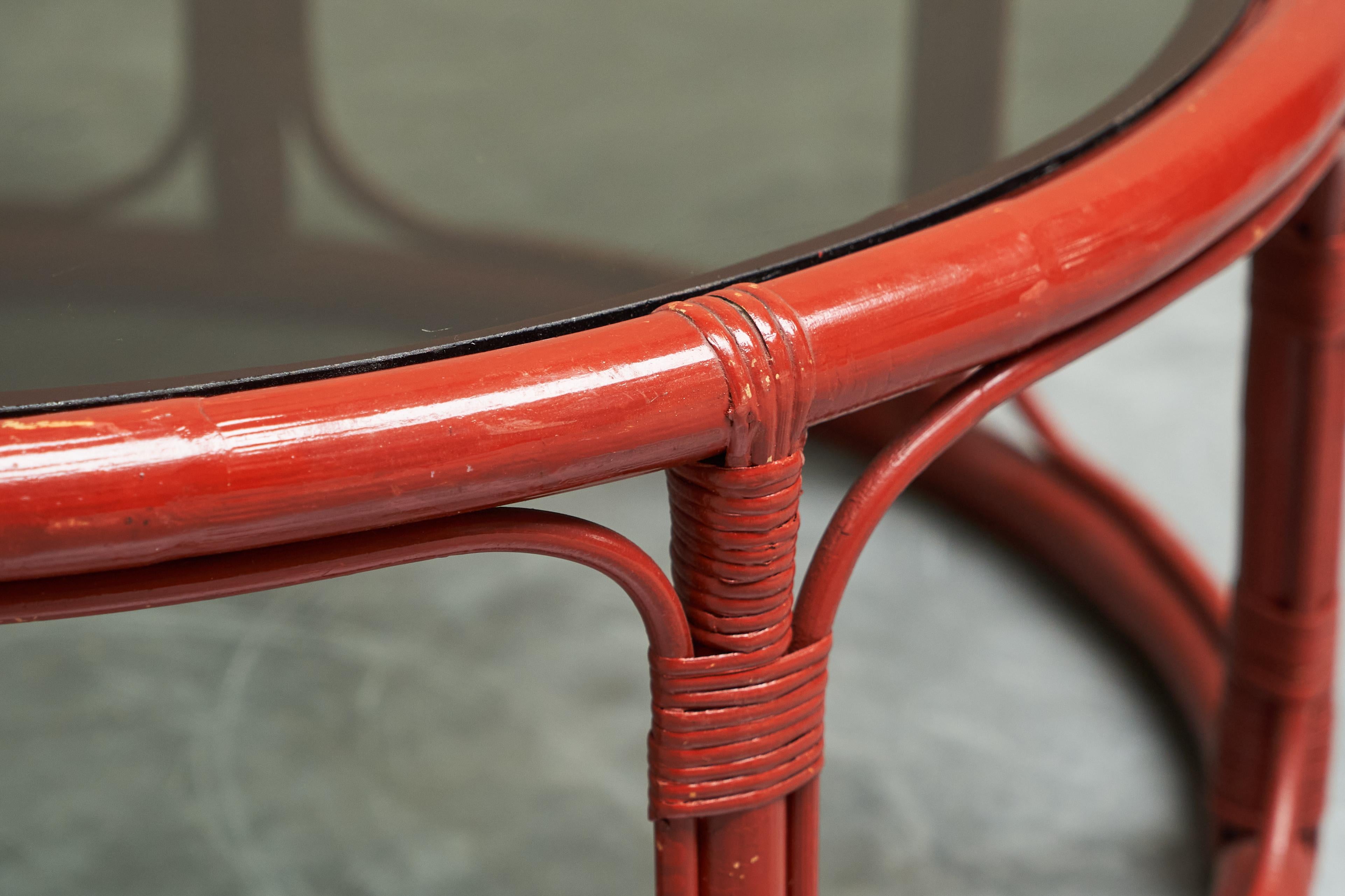 'Sang de Boeuf' Red Lacquered Bamboo and Glass Coffee Table Mid 20th Century For Sale 1
