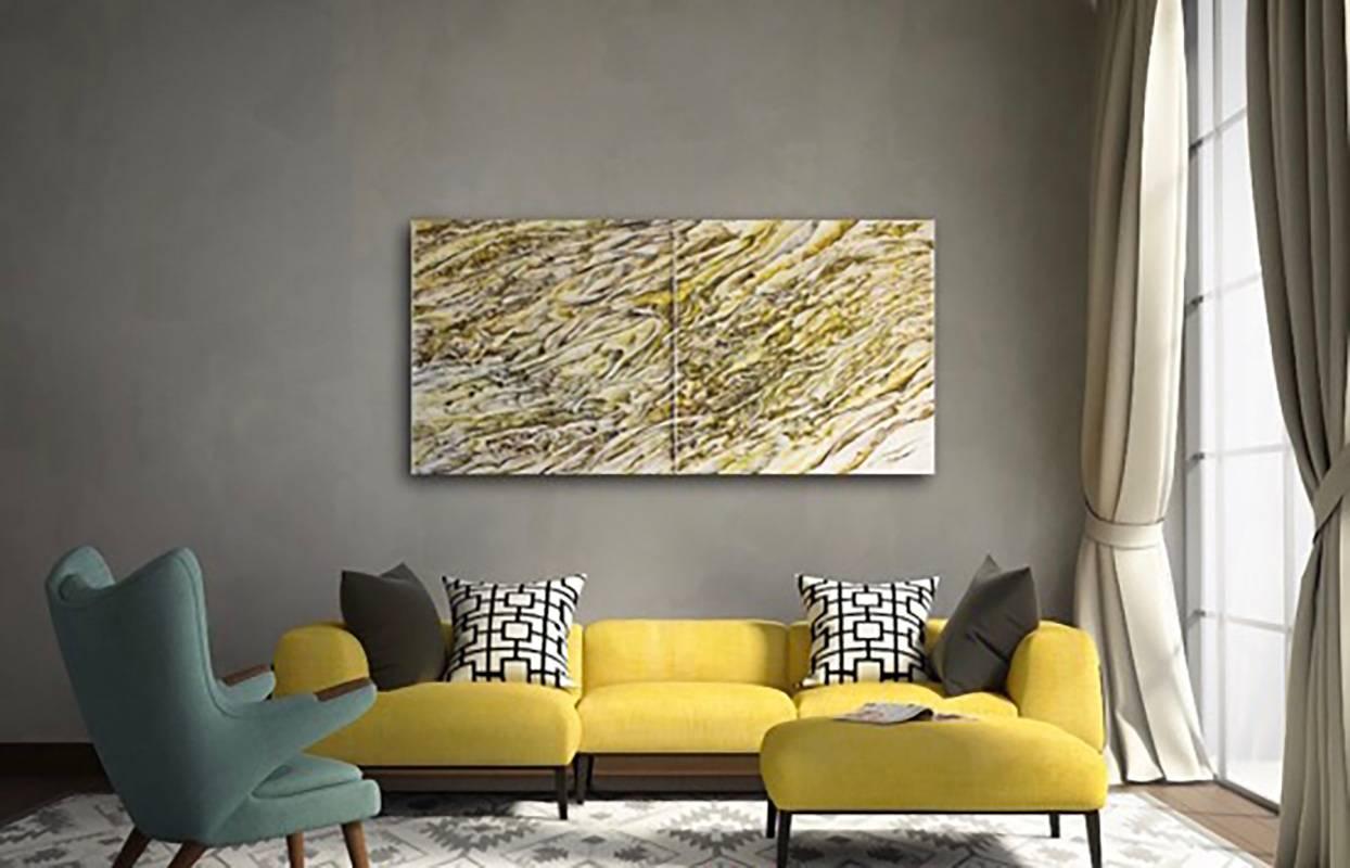 Quartz 7, Acrylic Paint on Paper, Diptych, Yellow, Mountains 2 paintings. Signed - Painting by Sangeeta Sagar