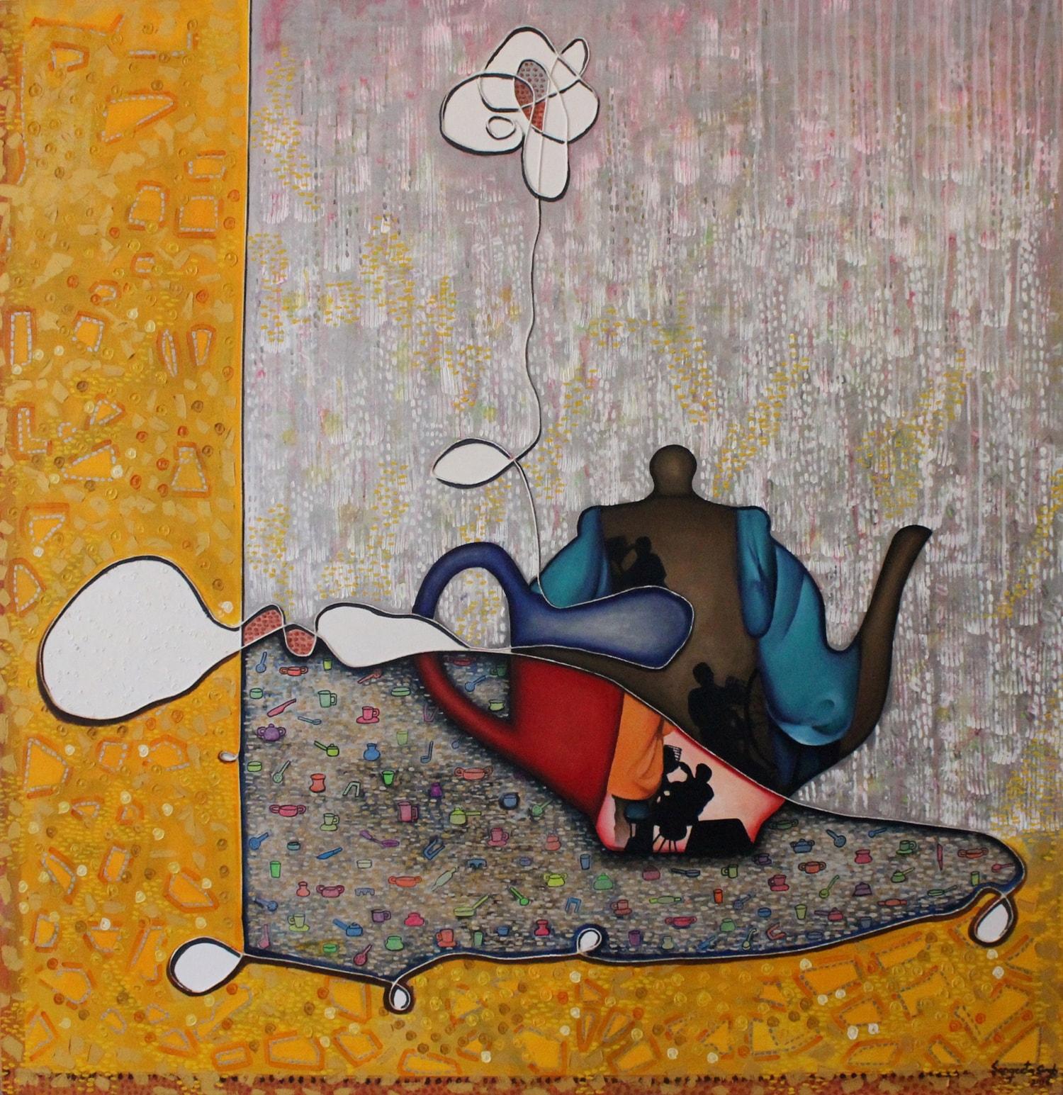 Sangeeta Singh Figurative Painting - Tea Side Story, Mixed Media on Canvas by Contemporary Indian Artist “In Stock”