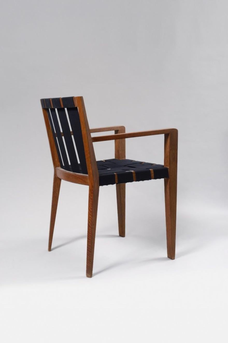 '40s Jean Royère 'Sangle' Armchair in cotton and wood In Good Condition For Sale In Paris, FR