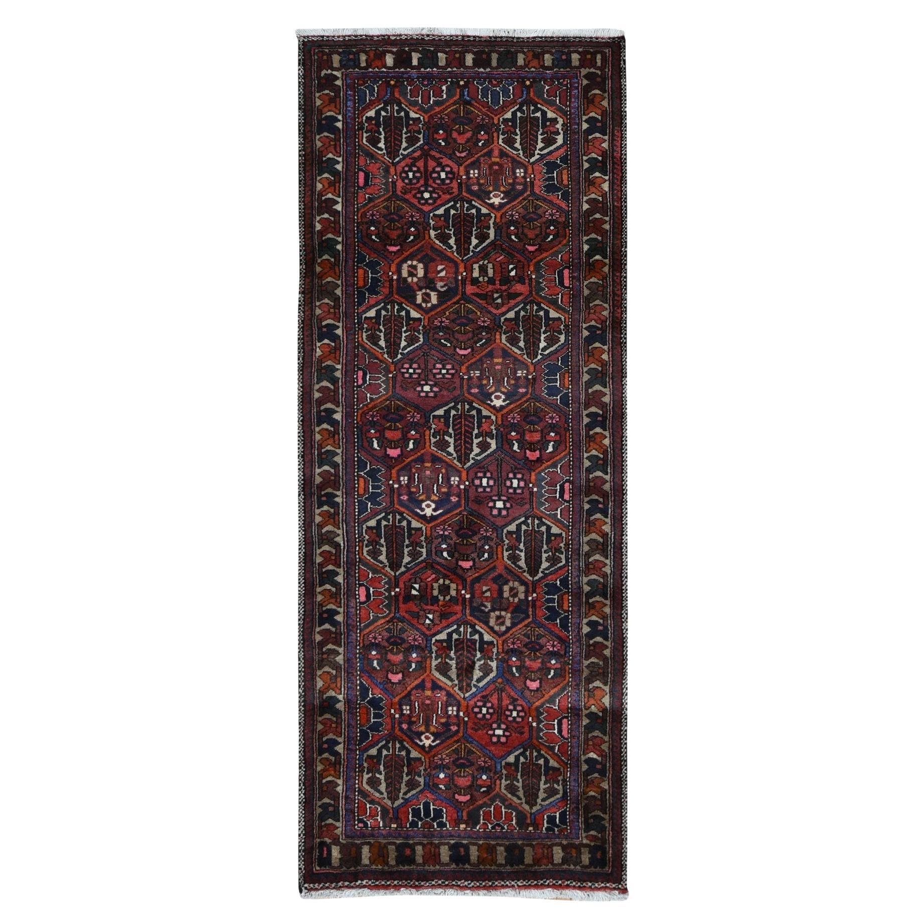Sangria Red Hand Knotted Vintage Persian Bakhtiari Pure Wool Wide Runner Rug For Sale