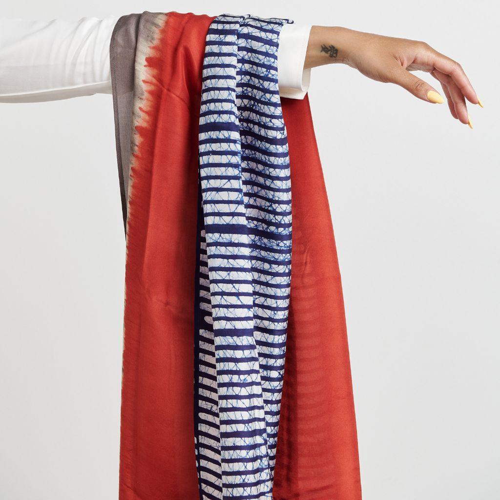 Women's Sangria Silk Scarf in Indigo Red and Shades of Brown , Handmade by Artisans For Sale
