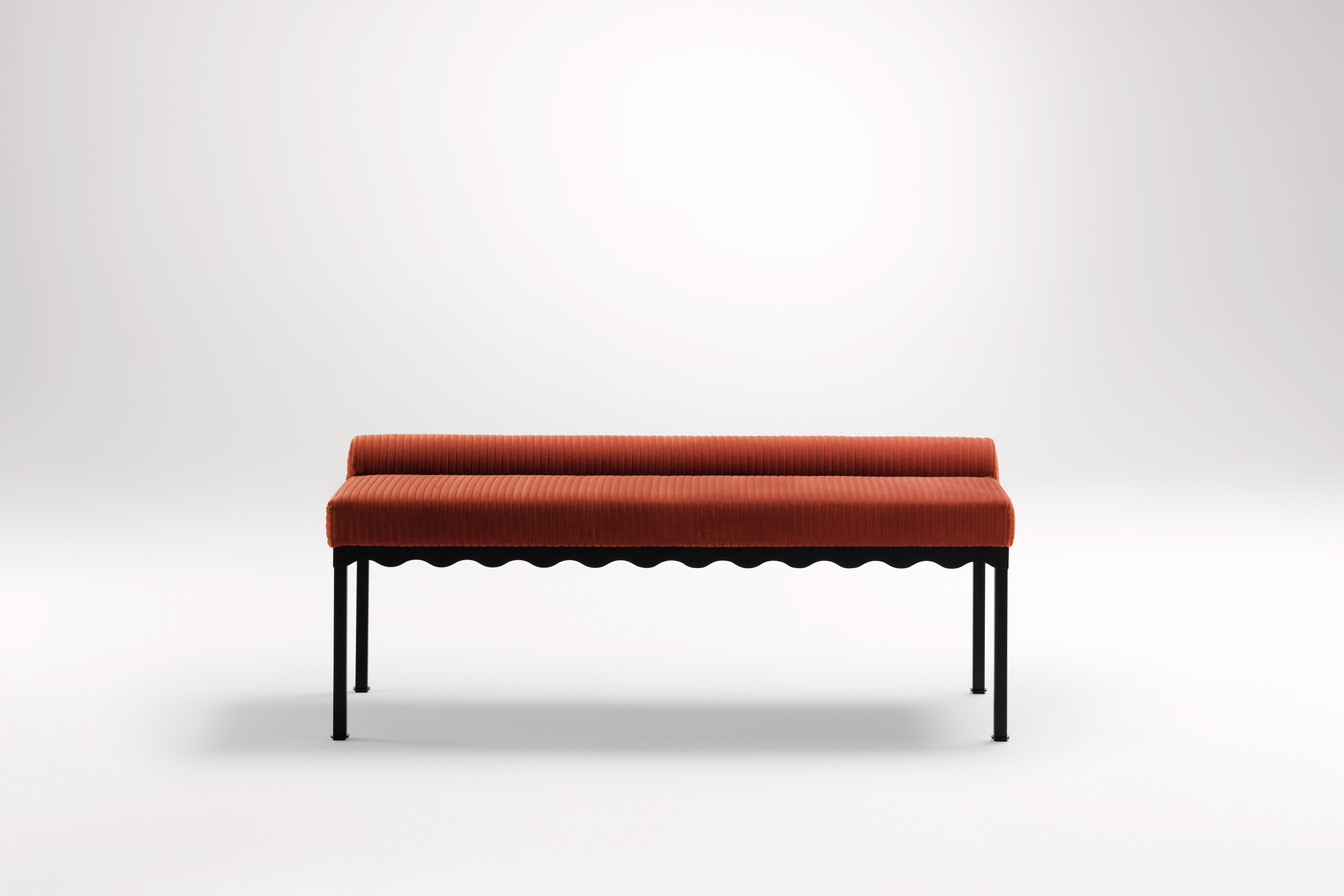 Sanguine Bellini 1340 Bench by Coco Flip
Dimensions: D 134 x W 54 x H 52.5 cm
Materials: Timber / Upholstered tops, Powder-coated steel frame. 
Weight: 20 kg
Frame Finishes: Textura Black.

Coco Flip is a Melbourne based furniture and lighting
