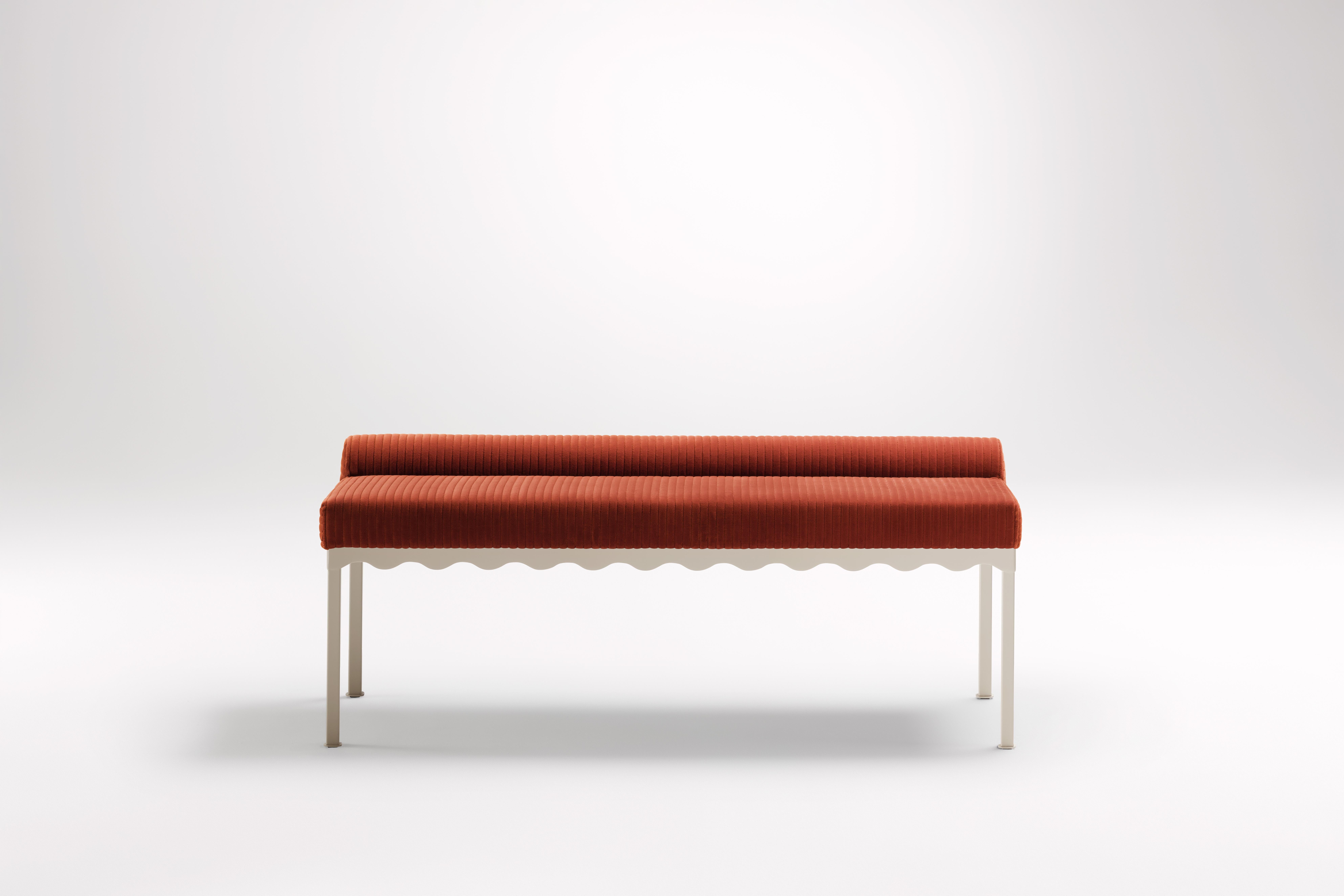 Sanguine Bellini 1340 Bench by Coco Flip
Dimensions: D 134 x W 54 x H 52.5 cm
Materials: Timber / Upholstered tops, Powder-coated steel frame. 
Weight: 20 kg
Frame Finishes: Textura Paperbark.

Coco Flip is a Melbourne based furniture and lighting