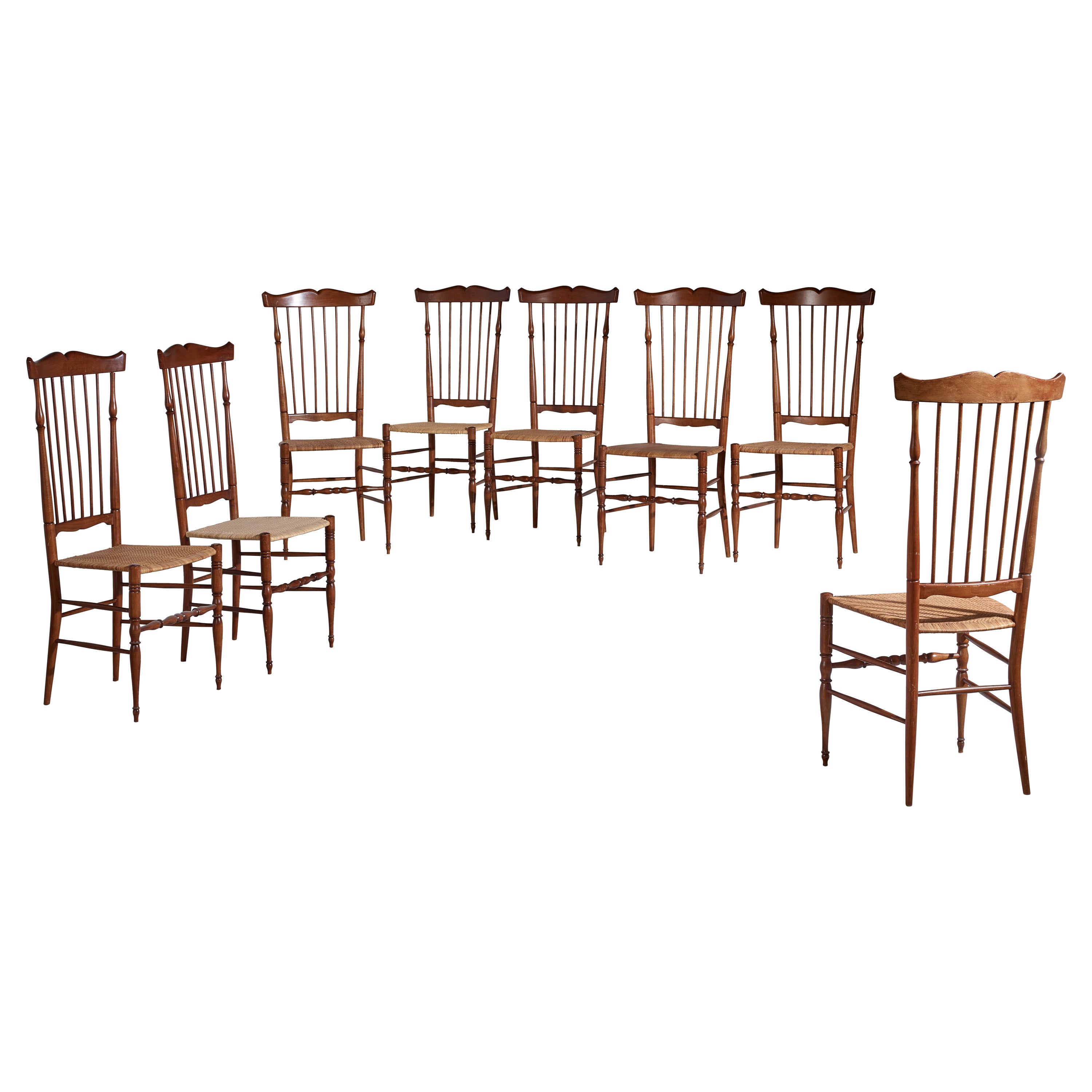 Ensemble de 8 chaises de salle à mangerColoniale à dossier haut Sanguineti  - Chiavari, Italie, années 1960