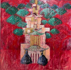Badminton sur fond rouge, 150x150 cm, huile sur toile