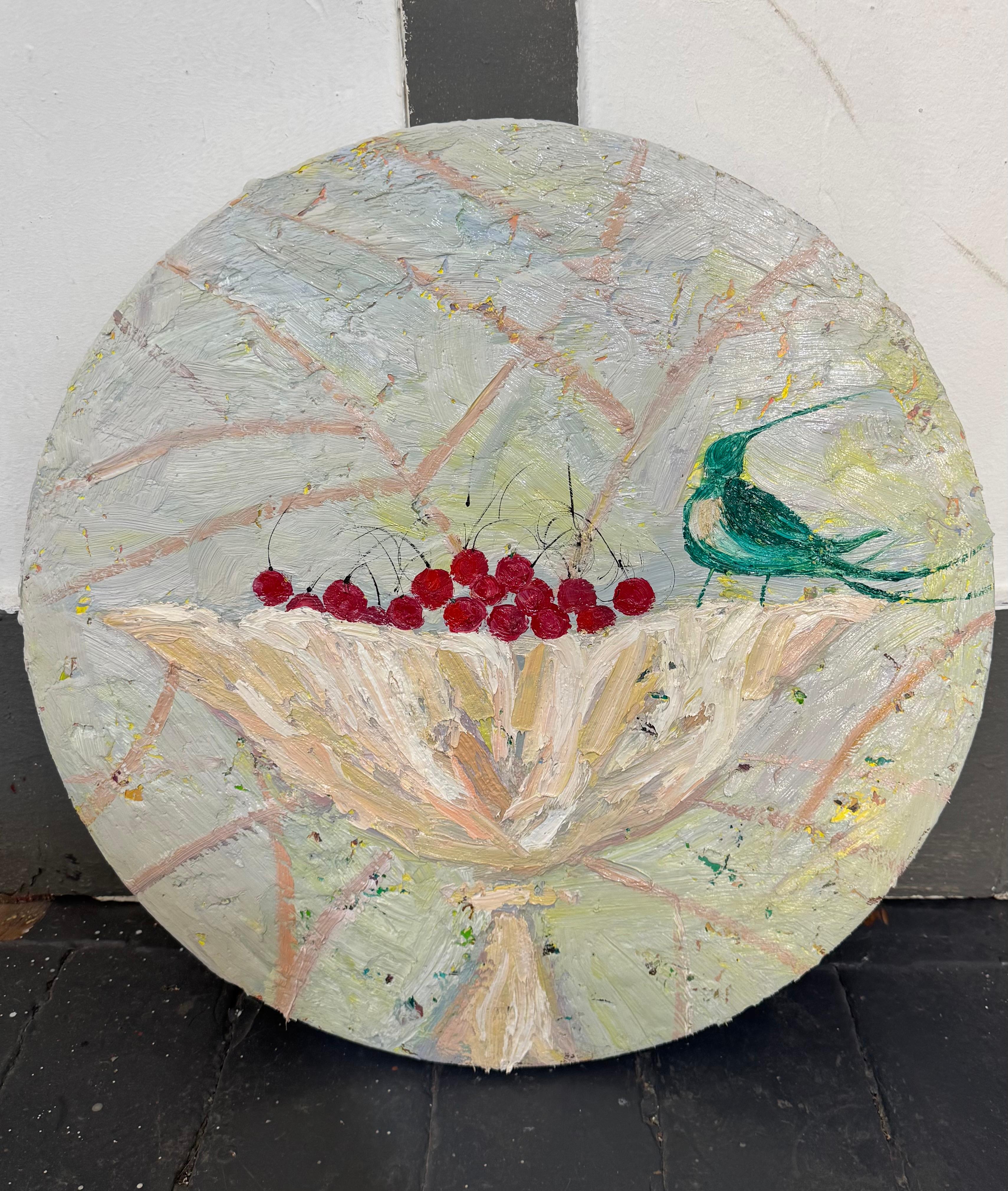 Bacche e uccello , 50 cm, olio su tela in vendita 1