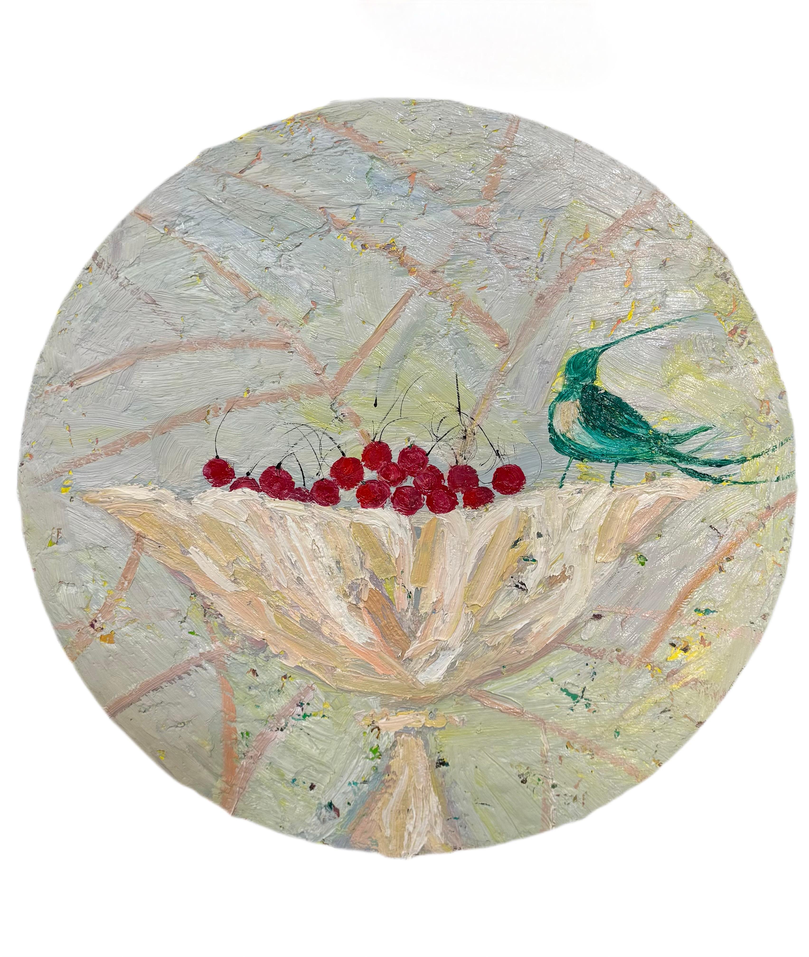 Bacche e uccello , 50 cm, olio su tela