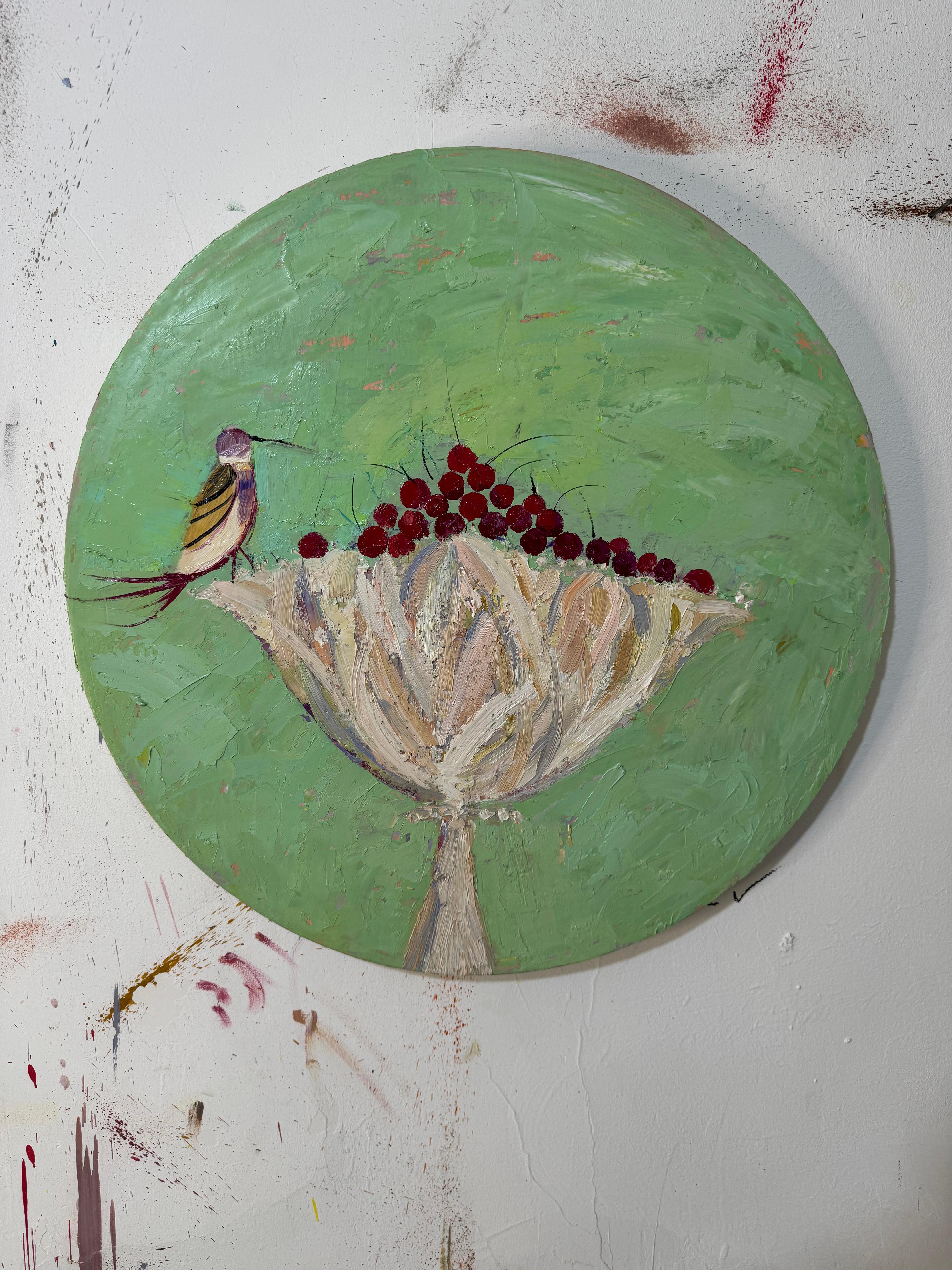 Bacche e uccello , 60 cm, olio su tela in vendita 1