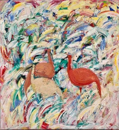 "Ibises 2" Abstract Oil Painting 43" x 43" in by Sanjar Djabbarov