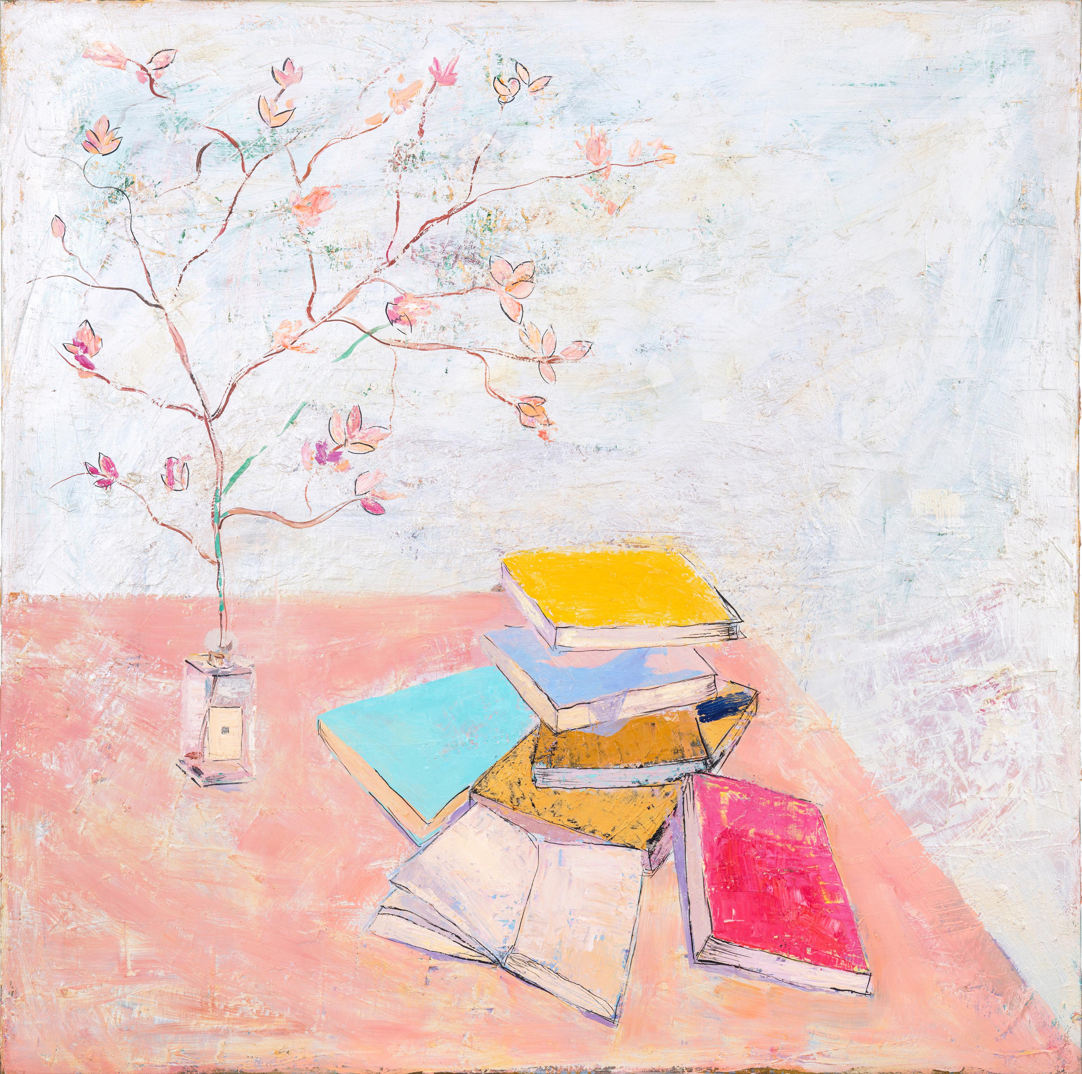 « Still life with books 2 », peinture à l'huile 109,2 cm x 109,2 cm par Sanjar Djabbarov