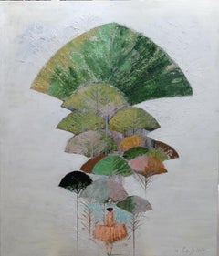 Mask (woman, fan, forest) - abstract painting maid in green, white, pink, color