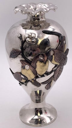 Sanju Saku Pair of Japanese Mixed Metal Sterling Silver Vases w/ Applied Motifs