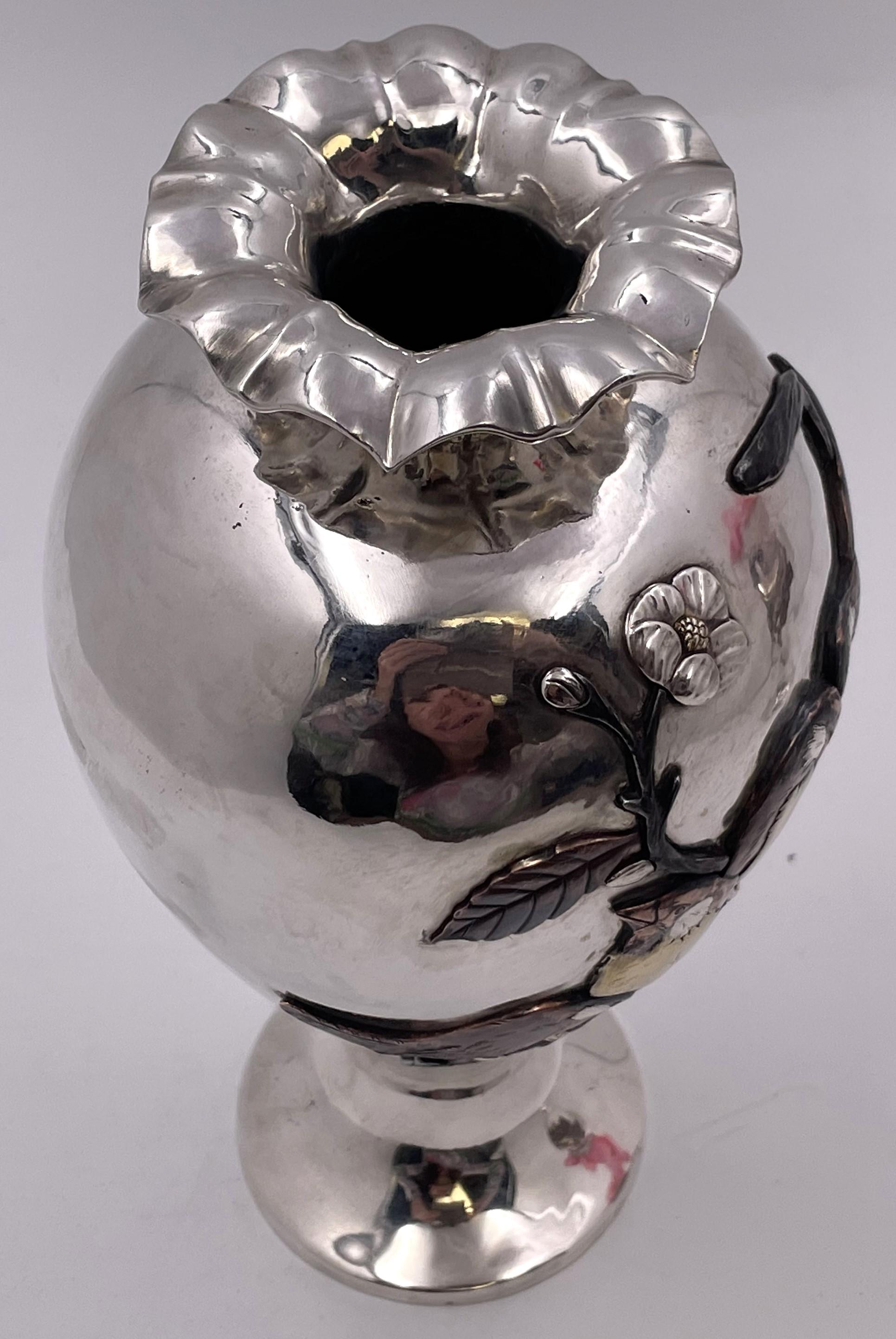 Sanju Saku Pair of Japanese Mixed Metal Sterling Silver Vases w/ Applied Motifs For Sale 2
