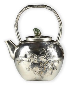 Sanju Saku (Yokohama) 20 OZ SOLID SILVER Repoussé Teapot & Jade Finial *RABBITS*