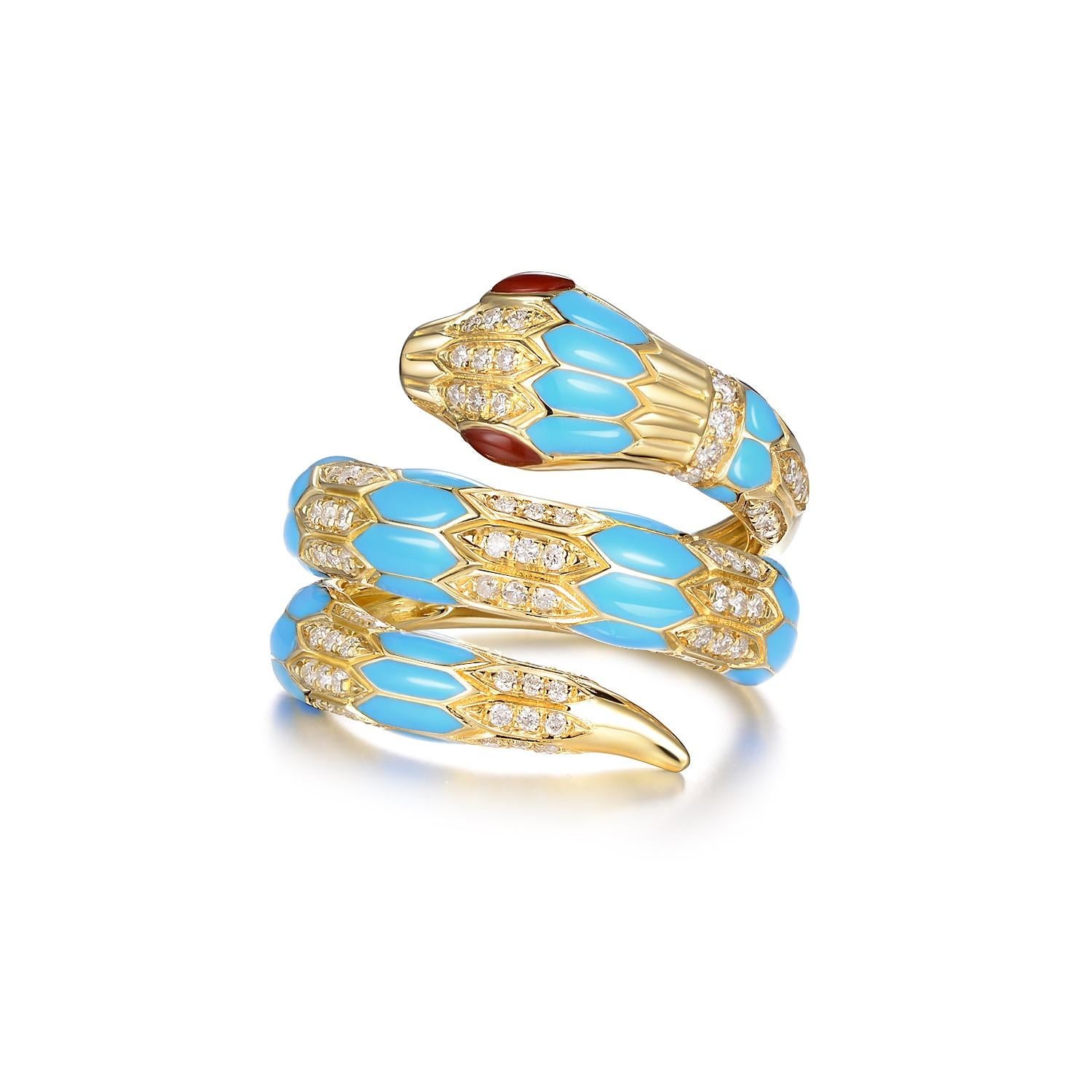 Introducing our stunning snake ring, a true statement piece that will leave you in awe. This exquisite ring features a sleek and elegant snake design, with a body that is covered in a beautiful turquoise-colored enamel. The enamel adds a touch of