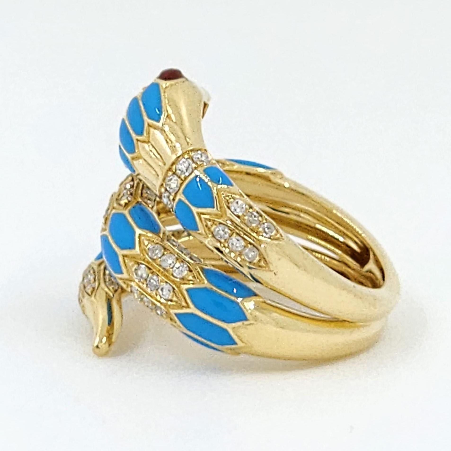 Art Deco Snake Diamond Enamel Ring in 18 Karat Yellow Gold