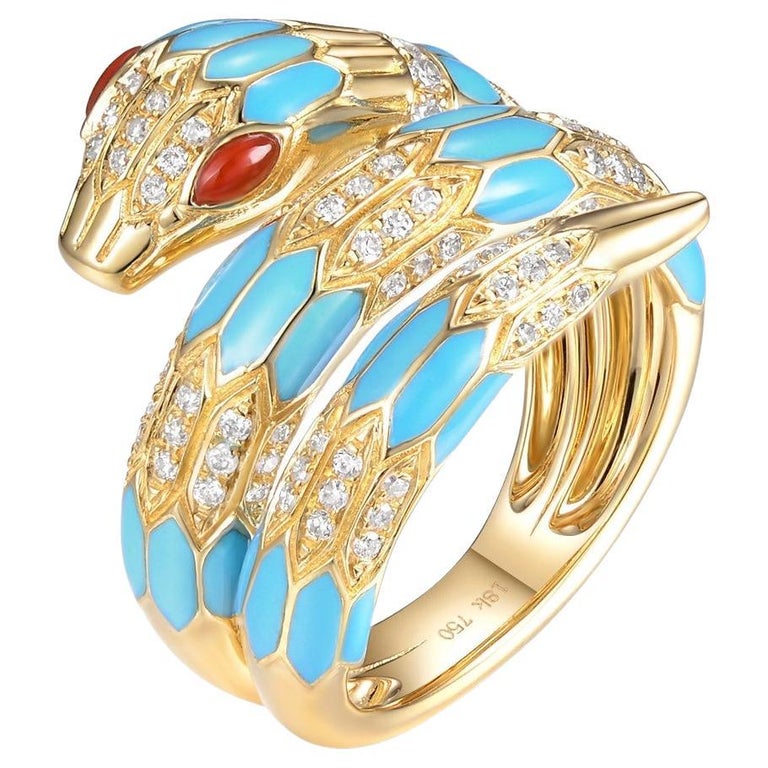 Snake Diamond Enamel Ring in 18 Karat Yellow Gold For Sale at 1stDibs